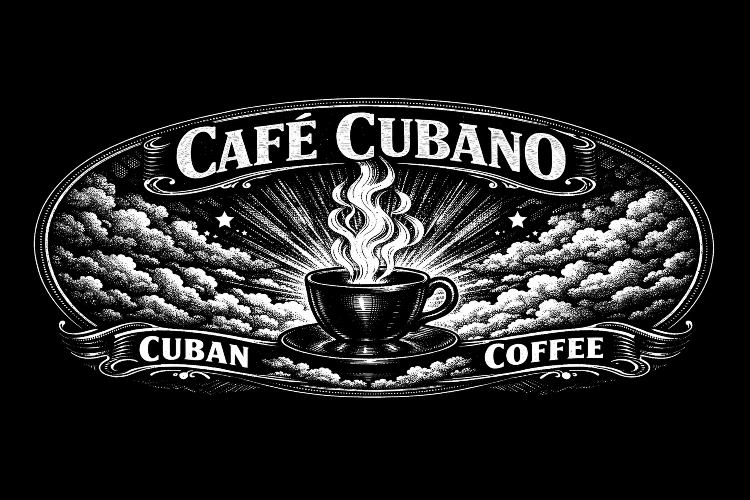 White-on-black oval design with a central steaming coffee cup, clouds and stars, radiating rays, and ribbons reading CAFÉ CUBANO and CUBAN COFFEE.