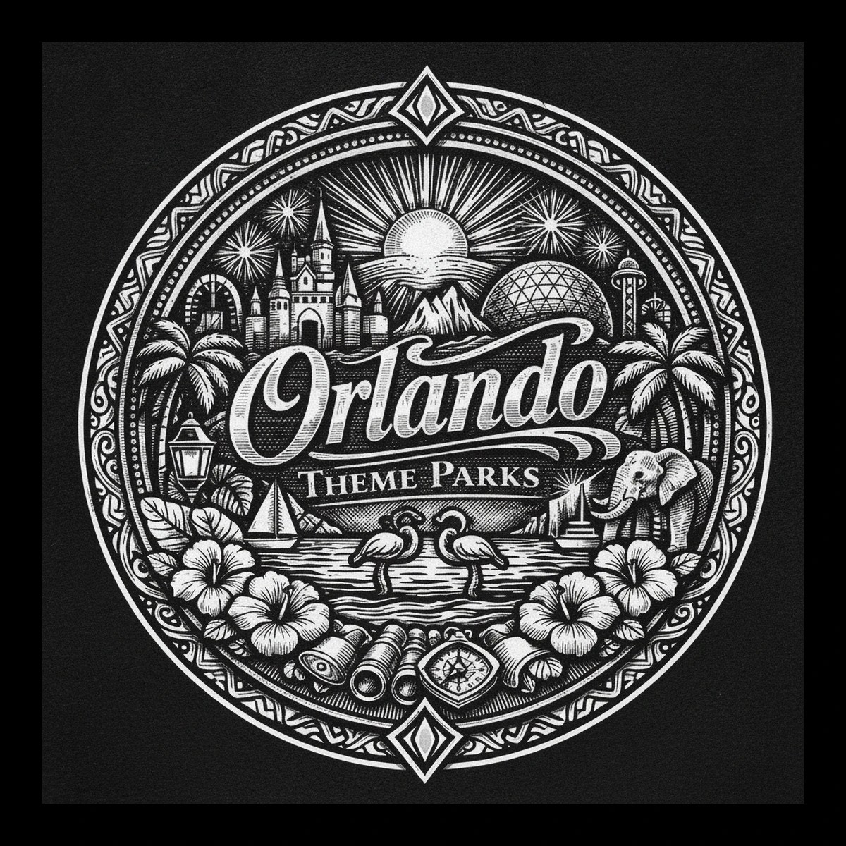 Circular black-and-white emblem showing large script "Orlando" over a radiant sun, castle, dome, observation tower, palm trees, flamingos on water, hibiscus flowers, an elephant, a small sailboat, and a compass.
