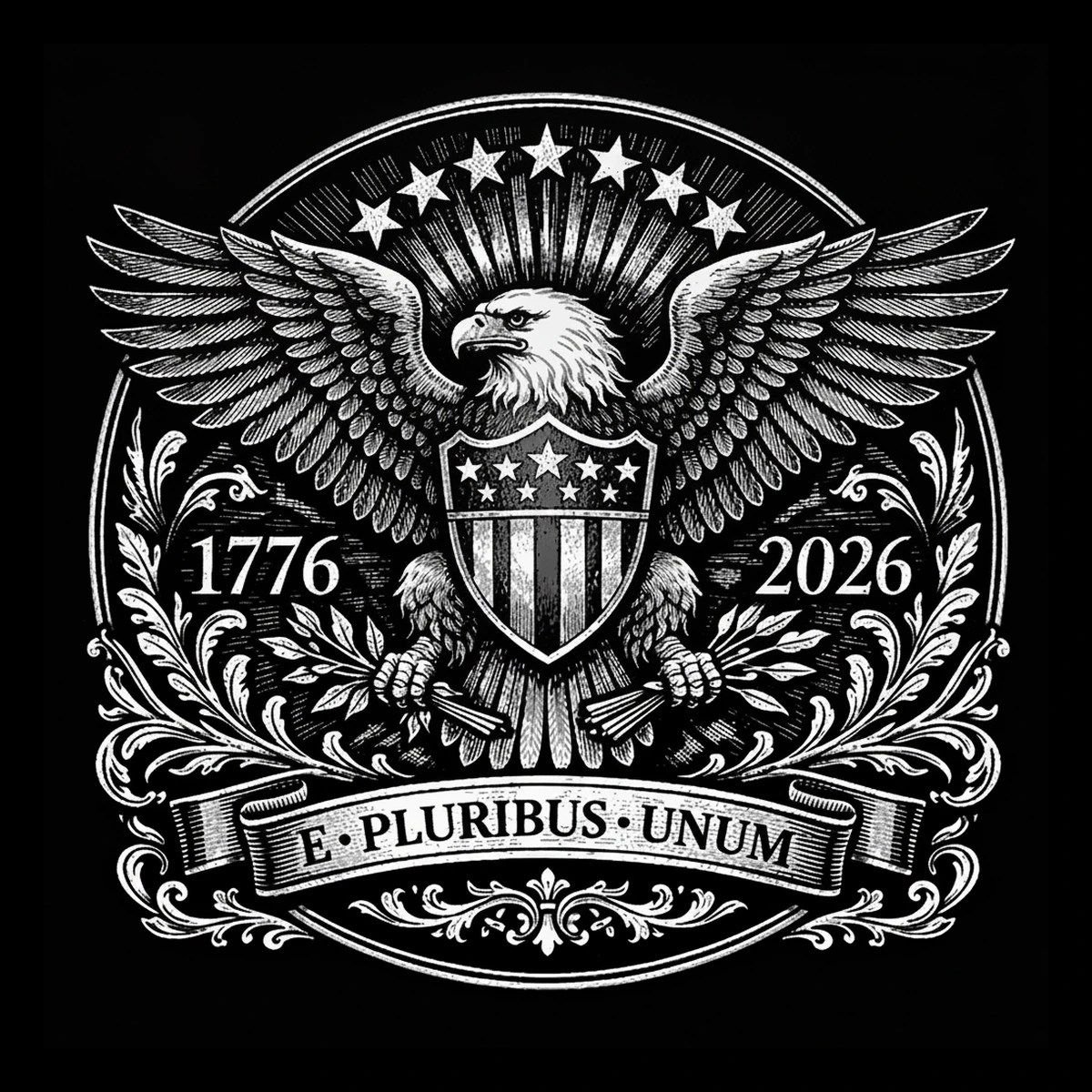 White-on-black engraved medallion showing a front-facing eagle with outstretched wings, shield on its breast, talons holding an olive branch and a bundle of arrows, a sunburst and seven stars above, ornate foliate.