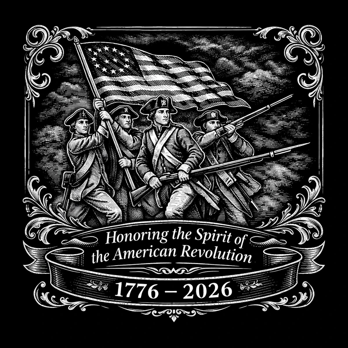 White-on-black engraved scene of four uniformed, musket-armed figures clustered beneath a large flowing stars-and-stripes flag, with a curved banner at the bottom reading 'Honoring the Spirit of the American Revolution'.