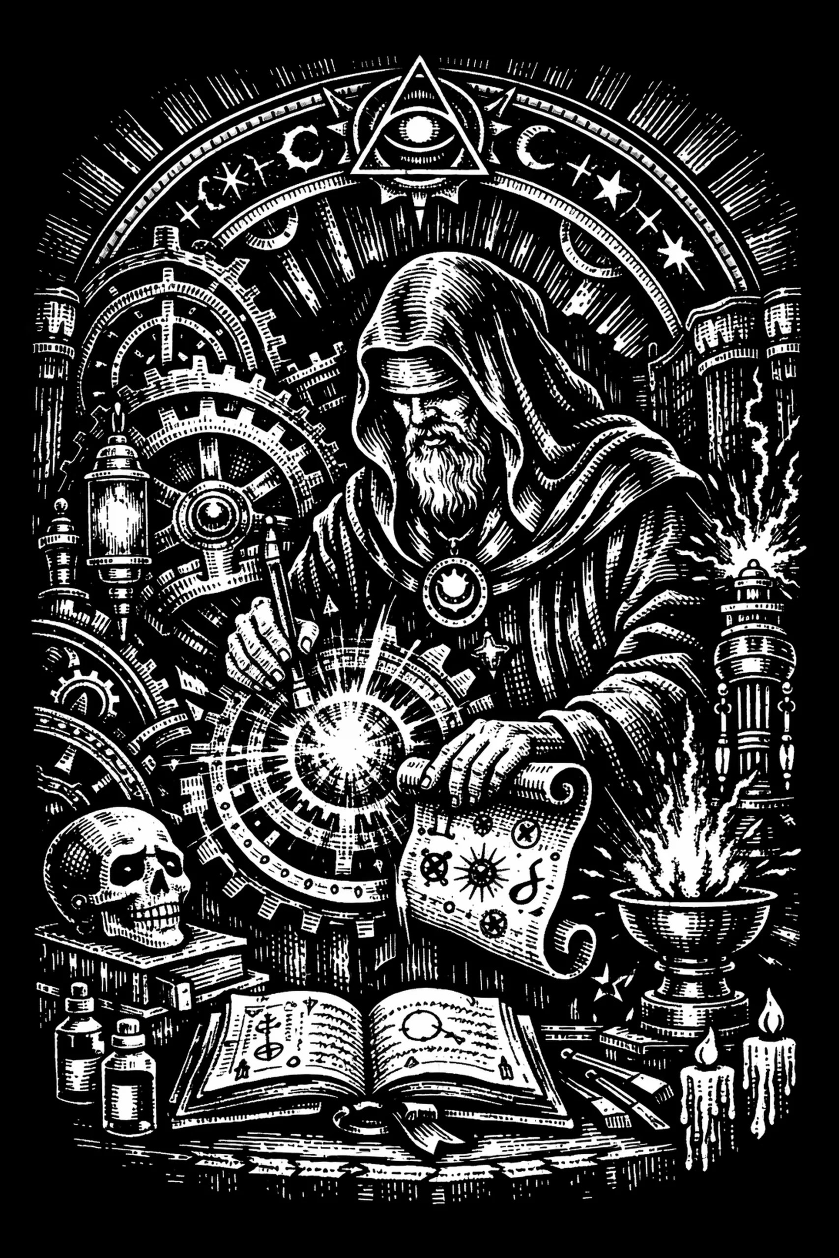 White-on-black engraving of a hooded bearded figure at a table holding a scroll and stylus before a glowing concentric gear; open book, skull on books, bottles, tools, a brazier and interlocking gears sit around, framed.