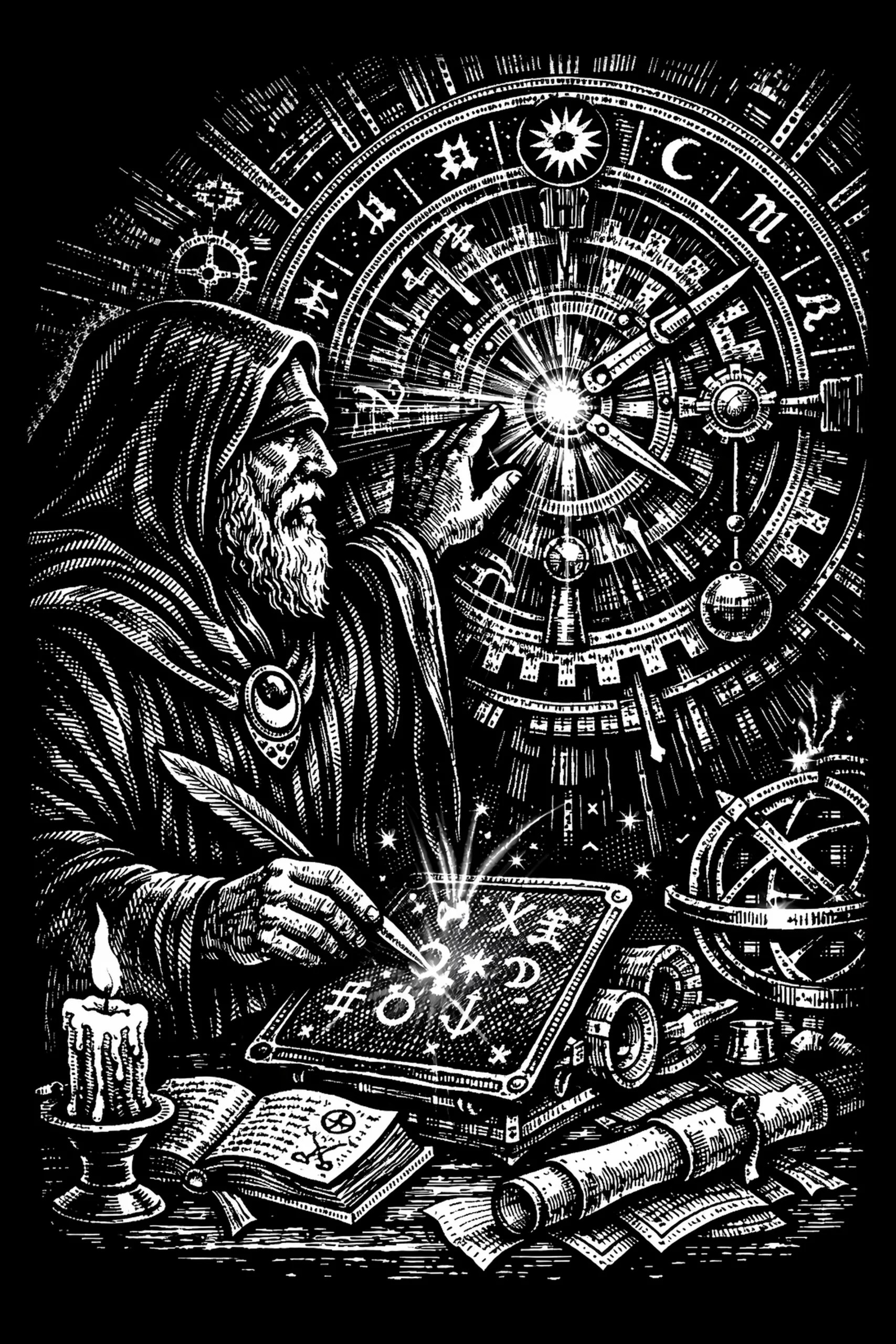 Black-and-white engraved scene of a hooded bearded figure at a table, pointing with one hand to the bright center of a large circular astrolabe while the other hand writes on a glowing rectangular tablet; candle, open.