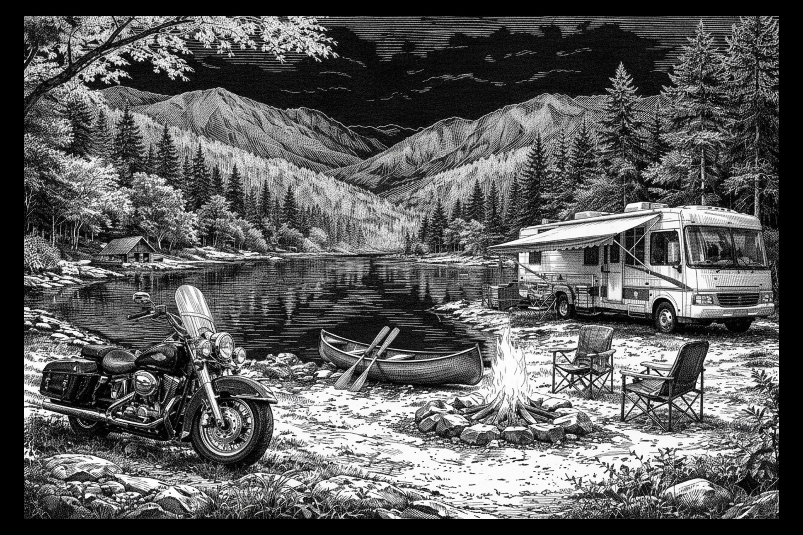 Black-and-white mountain lake campsite with a touring motorcycle, two canoes and paddles, campfire, two folding chairs, RV, forest, and mountain pass.