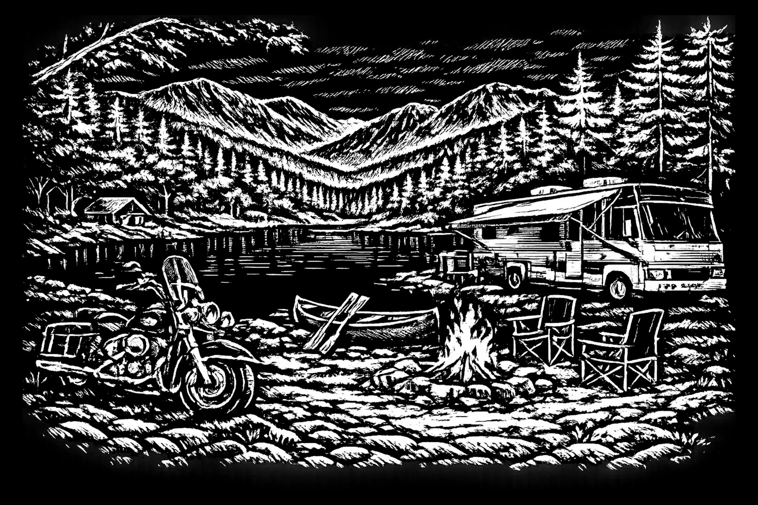 Black-and-white lakeside campsite with a touring motorcycle at left, canoe and campfire near center, two chairs, an RV at right, cabin, trees, and mountains.