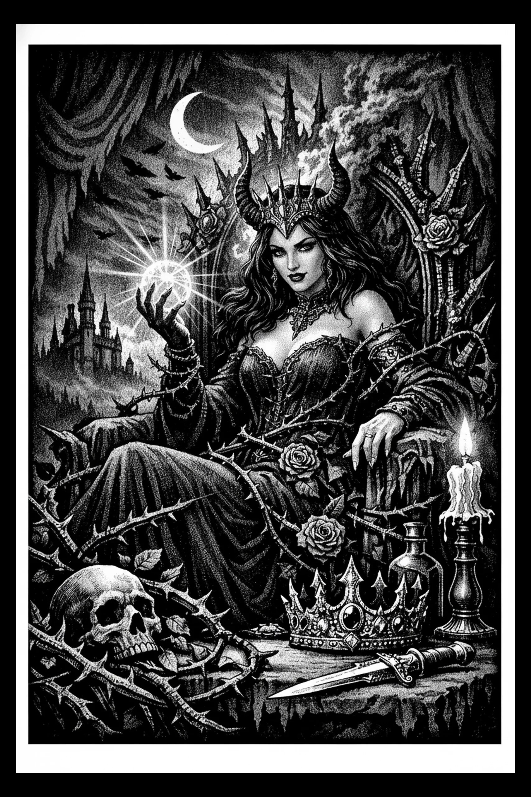 Monochrome stippled illustration of a horned woman seated on a spiked throne holding a glowing orb; a skull, jeweled crown, dagger, bottle and candle rest on a stone ledge in the foreground, with thorned vines, roses, a.