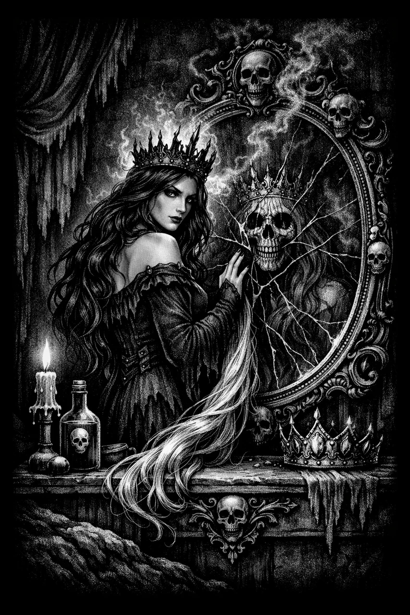 Portrait of a crowned woman pressing her fingertips to a cracked oval mirror; the mirror reflects a crowned skull. A lit dripping candle, a bottle with a skull label, a small container, and an ornate crown on a frayed.