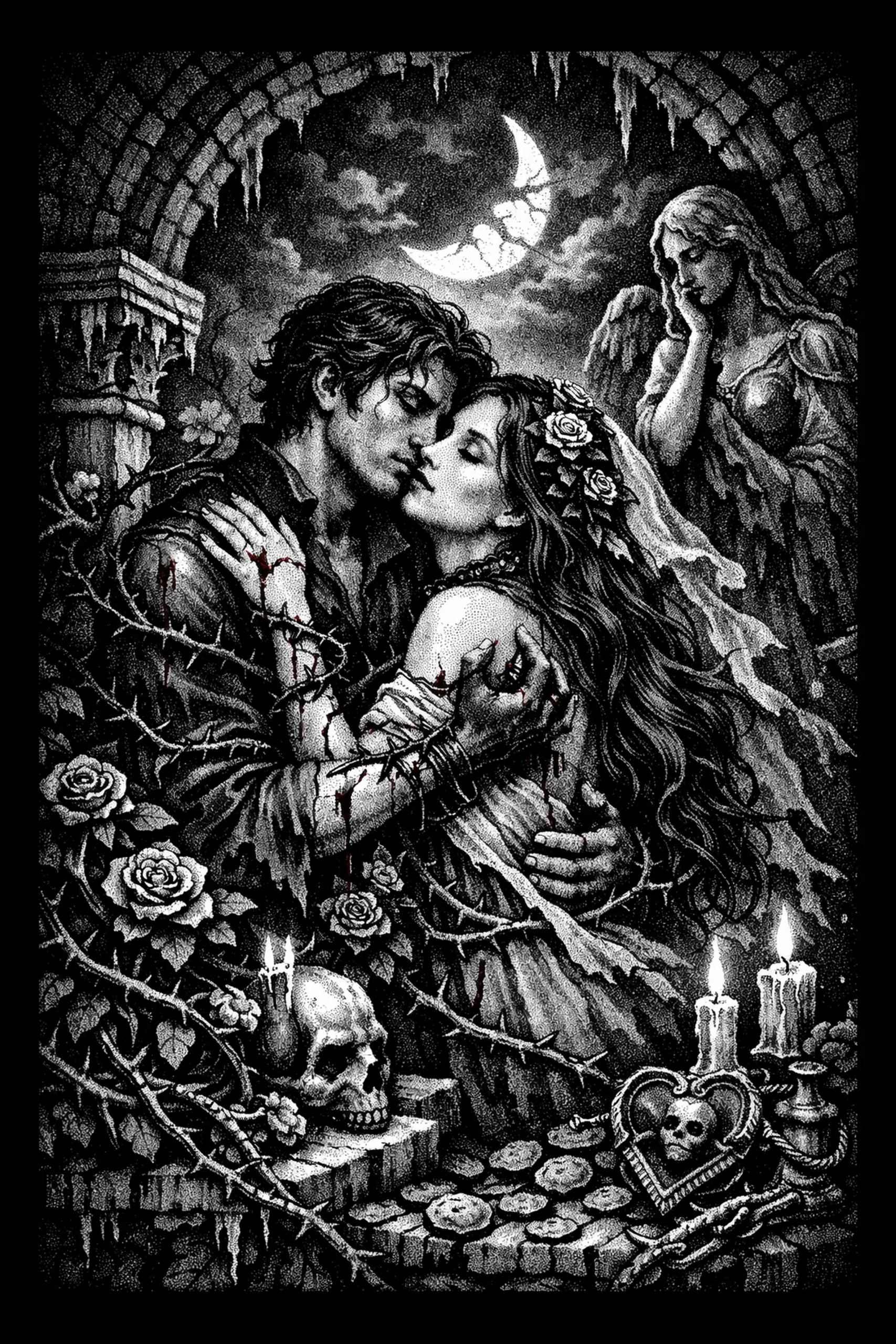Monochrome image of a man and woman embracing under a ruined stone arch; thorned rose vines wrap their arms and bodies while a skull with a burning candle, roses, and a heart-shaped locket lie on the cobblestone.