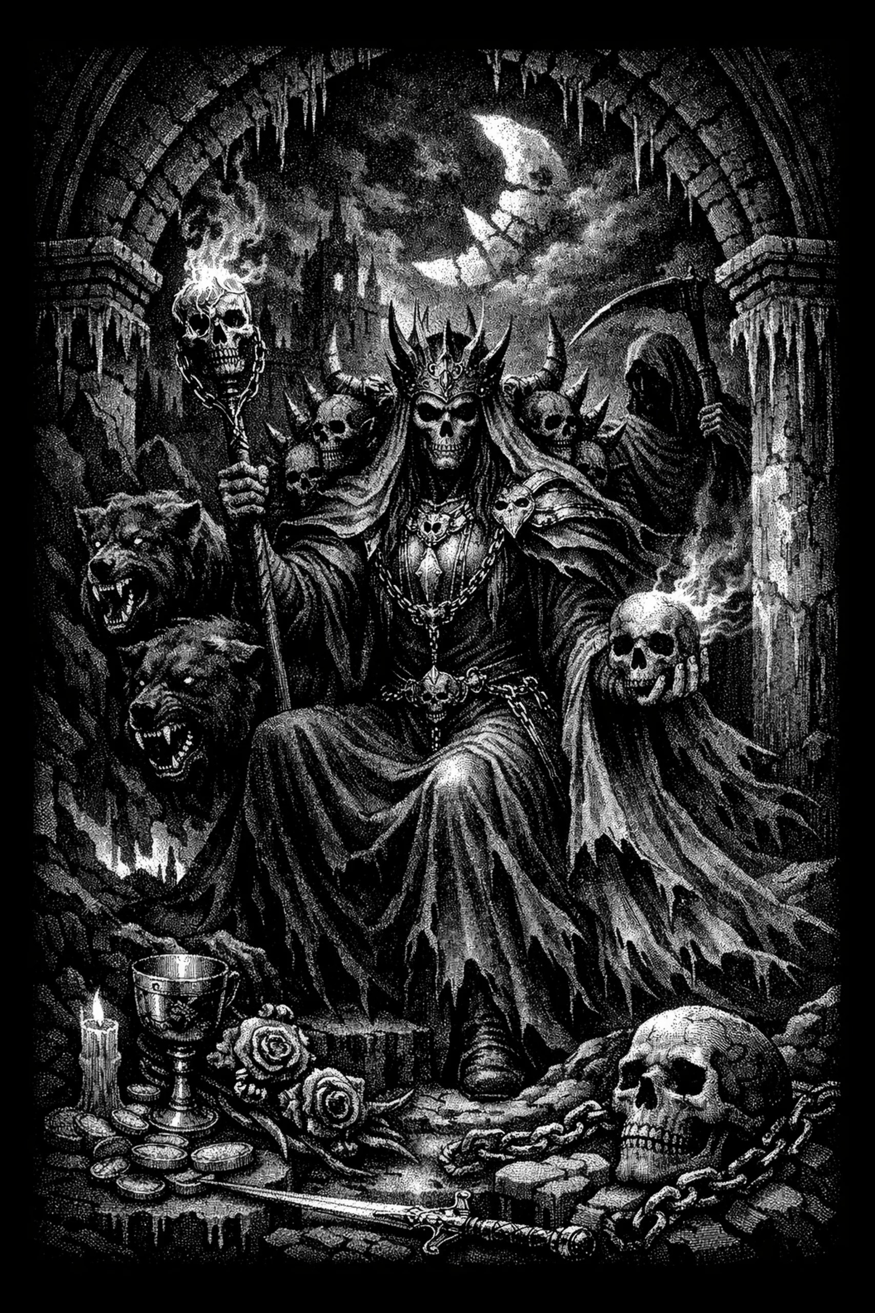 Black-and-white engraving of a crowned skeletal figure seated on a skull-adorned throne holding a flaming skull and a staff topped with a burning skull, with a hooded scythe-bearer behind, two snarling canine heads at.