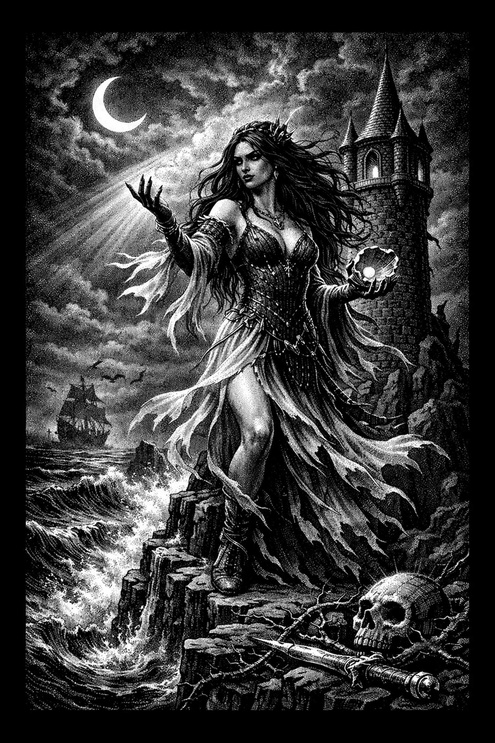 High-contrast black-and-white engraving of a woman standing on a rocky promontory holding a glowing orb; a crescent moon and fanned moonbeams lie upper-left, a stone tower with turrets stands behind her to the right, a.