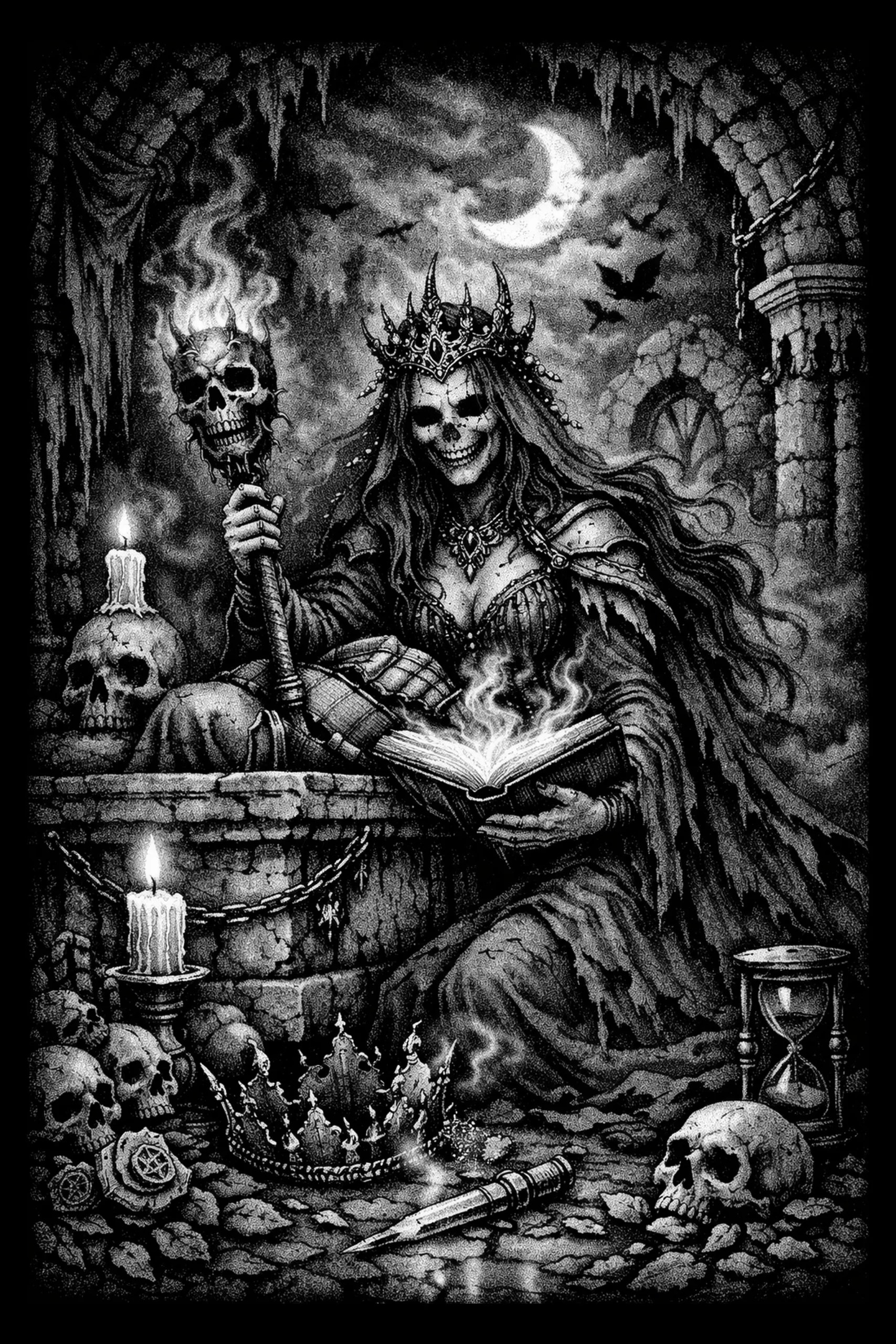 Seated skeletal figure wearing a spiked crown holds an open glowing book on its lap and a scepter topped with a flaming skull; foreground shows an ornate crown, scattered skulls, a dagger and an hourglass on.