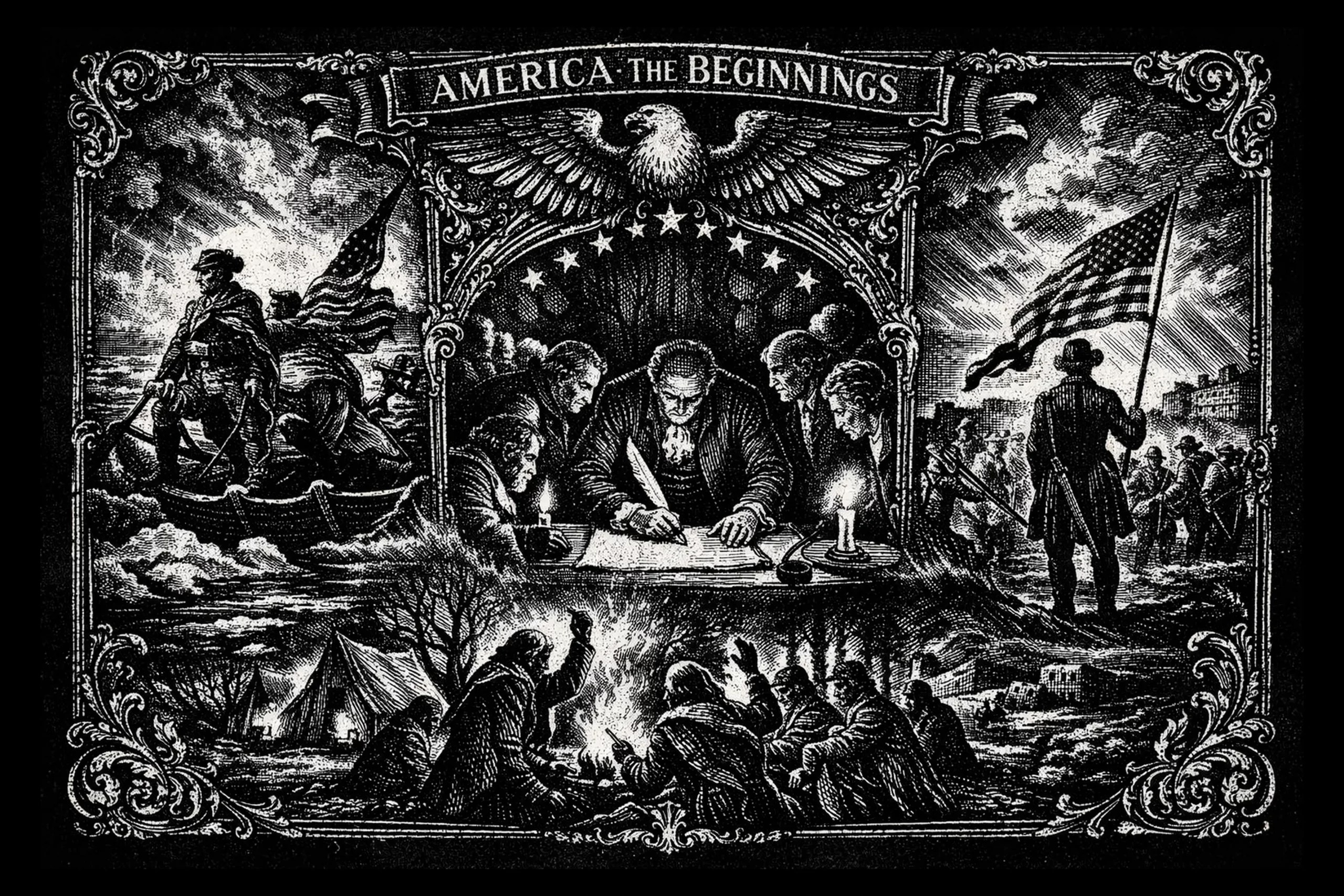 Black-and-white historical montage reading AMERICA THE BEGINNINGS with an eagle above a document signing, boat landing at left, flag bearer at right, and campfire below.