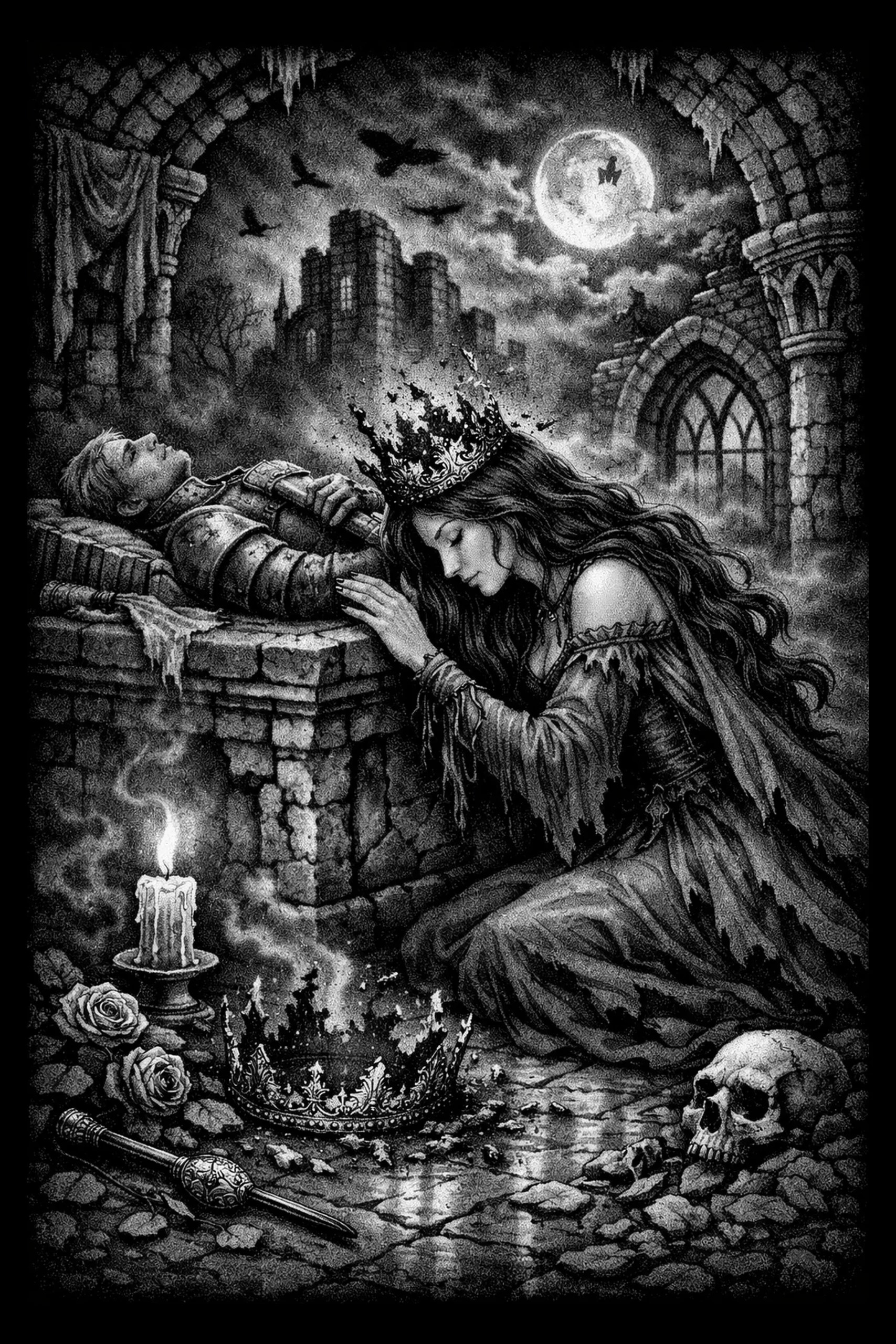 Monochrome engraving of a reclining armored man on a stone slab with a kneeling woman leaning over him; foreground shows a broken crown emitting smoke, a lit melted candle, two roses, a scepter, and a cracked skull.