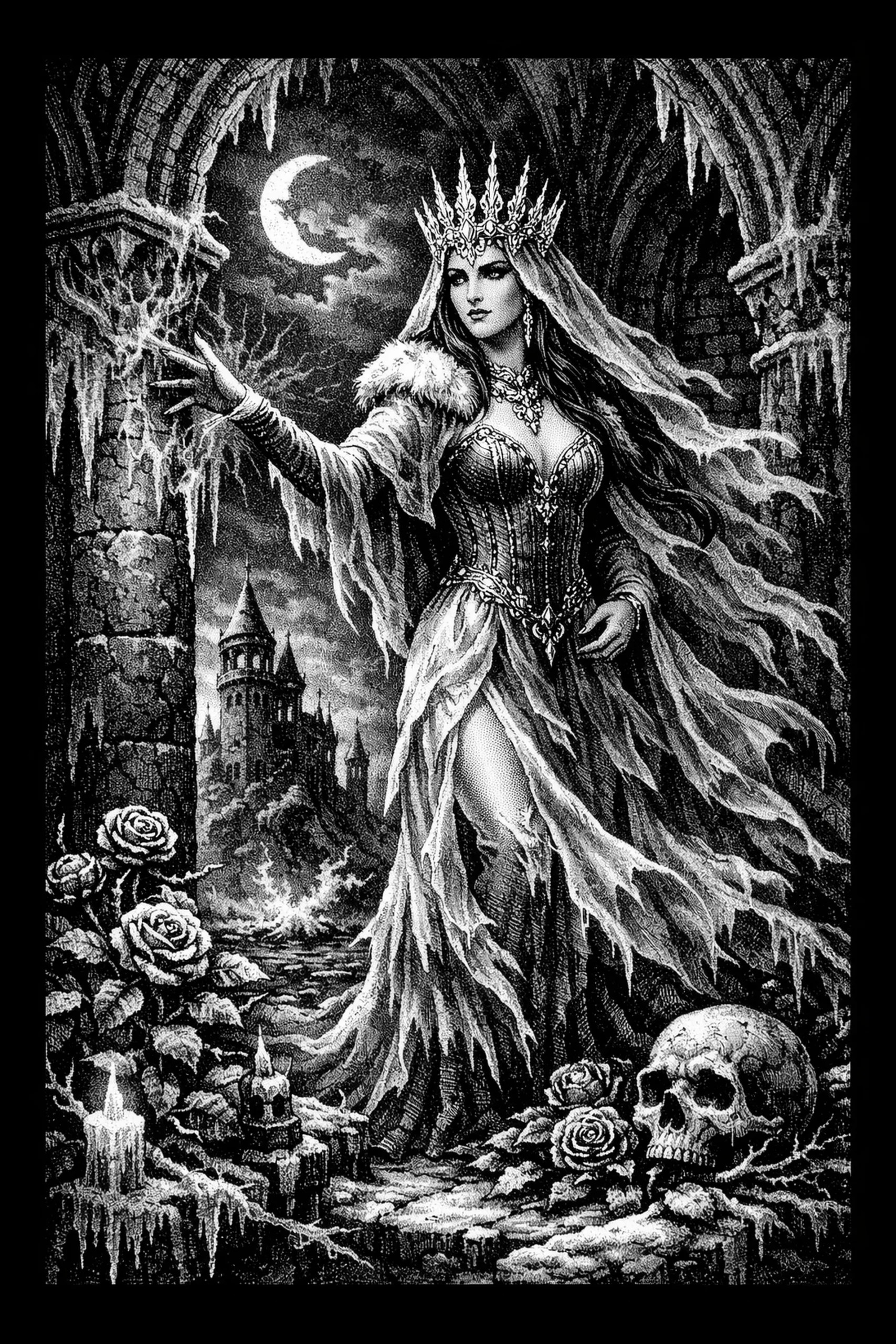 Black-and-white engraving-style image of a crowned woman in a corseted gown and tattered veil standing under a ruined stone arch; crescent moon upper-left, distant castle to the left, roses and candles lower-left, and a.