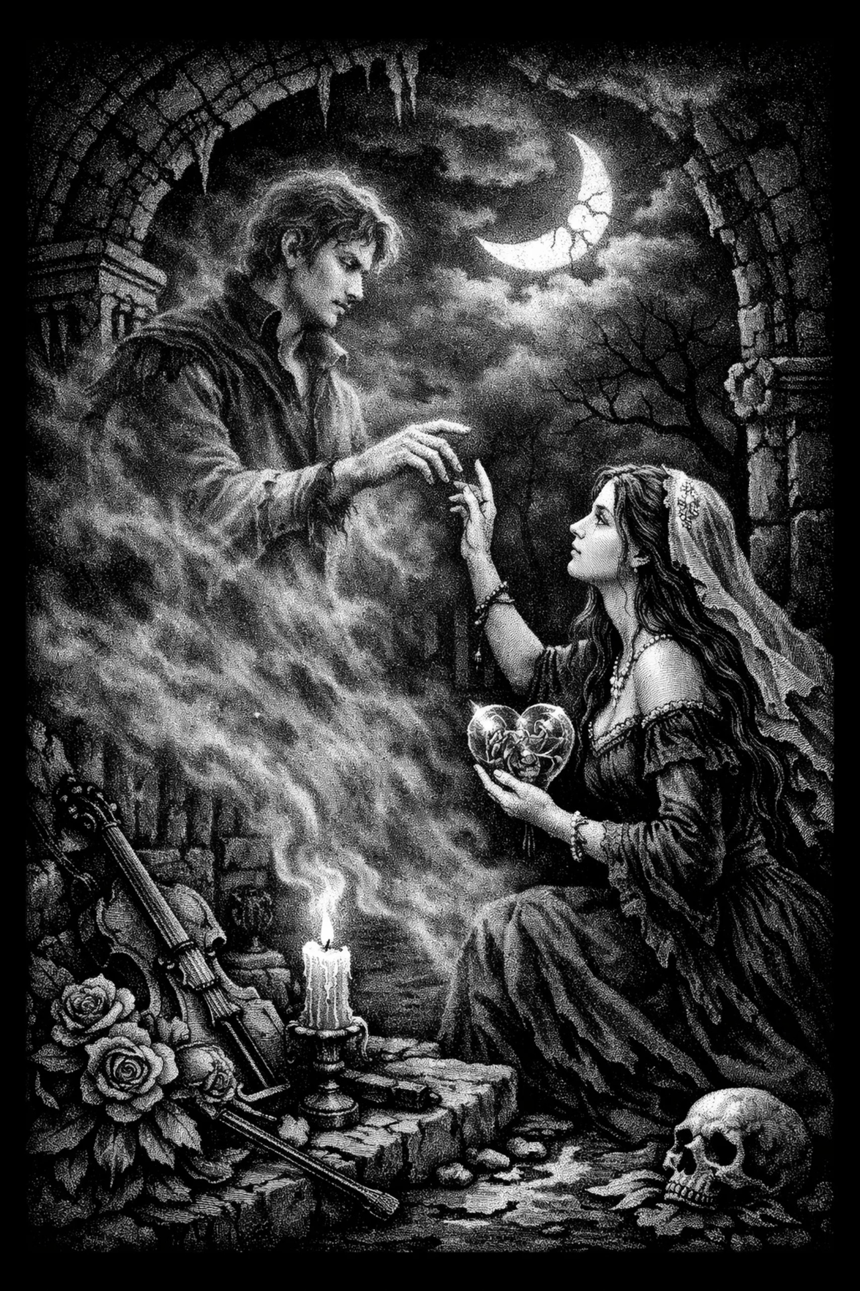 Monochrome scene of a kneeling woman holding a heart-shaped glass object while a smoky male apparition reaches toward her beneath a ruined stone arch; candle, violin, roses and a skull in the foreground and a cracked.