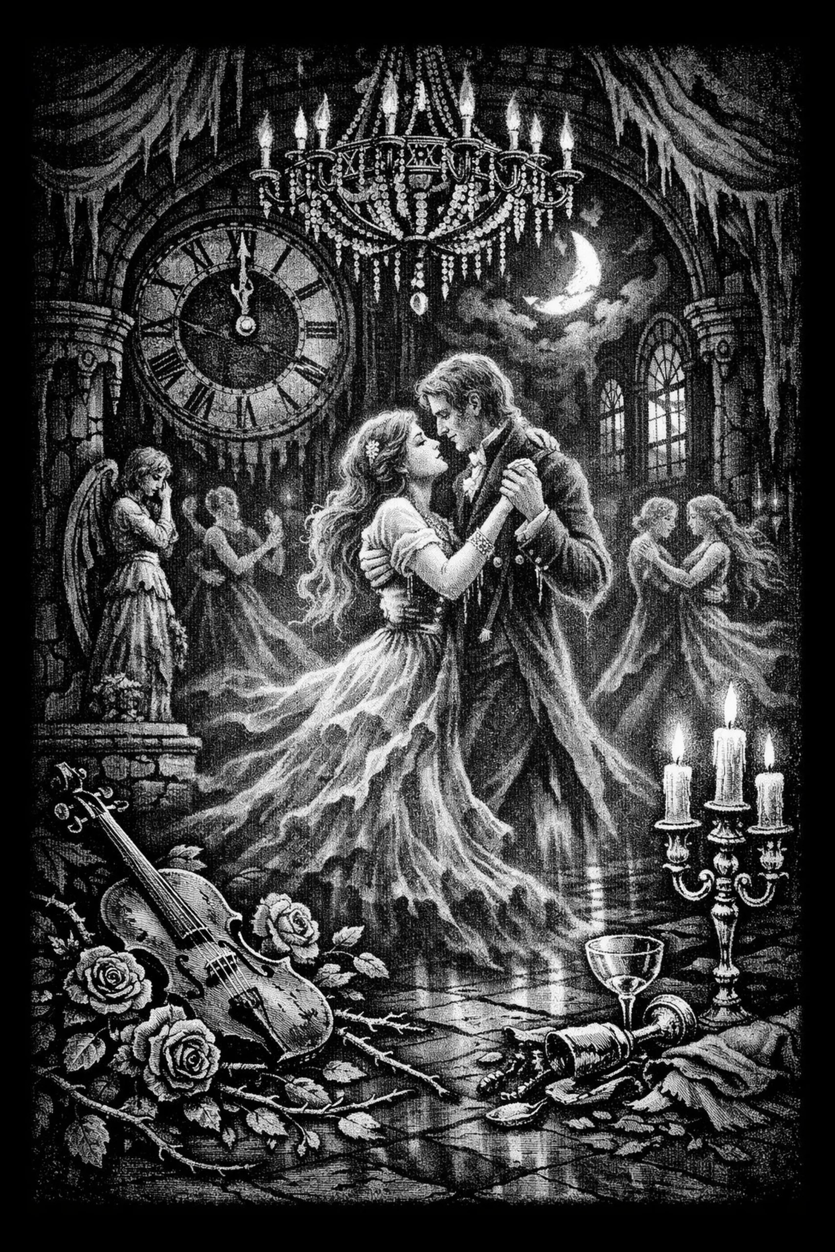 Engraved-style scene of a man and woman in close embrace dancing beneath a crystal chandelier, with a crescent moon through an arch, a Roman clock on the left, a violin and roses in the lower-left, and a candelabrum.
