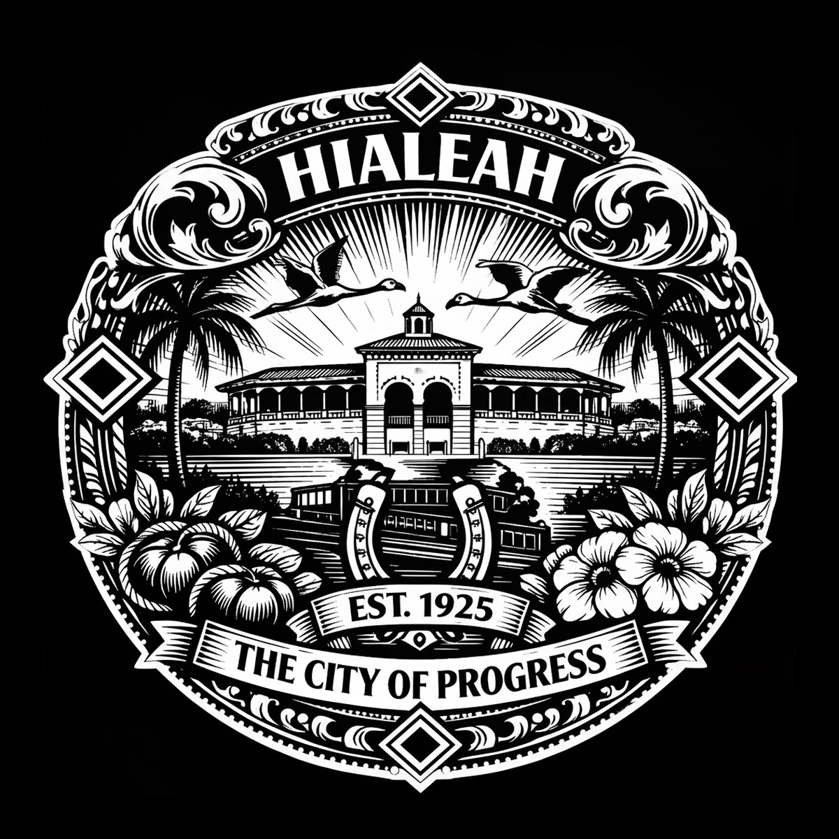Circular black-and-white emblem showing a symmetrical two-story pavilion with cupola centered beneath radiating lines, flanked by two tall palms; birds above the roof; horseshoes and a stylized streetcar in the.