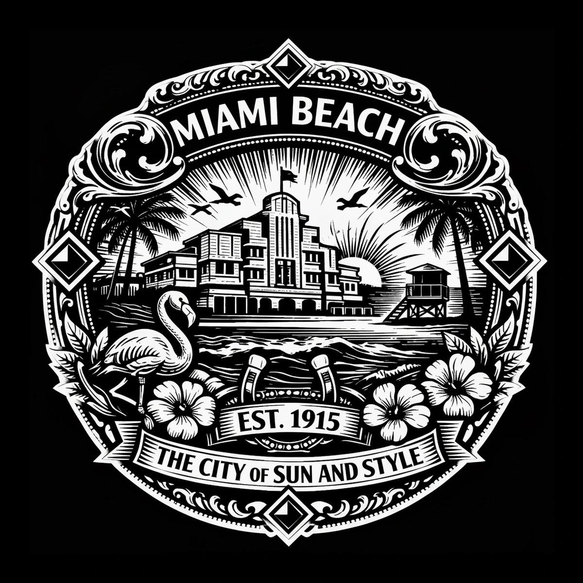 High-contrast circular seal featuring a central Art Deco building with sun rays behind it, three birds, two palm trees, a lifeguard tower, a flamingo among hibiscus flowers, a horseshoe emblem reading EST. 1915 and a.