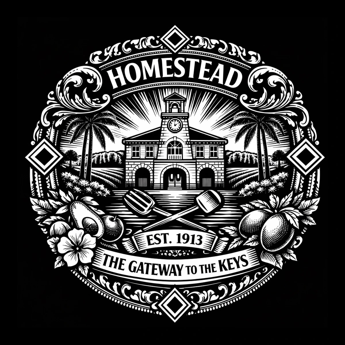 Black field with a white circular medallion showing a two-story building with clock tower at center, sunburst behind, palms at left and right, crossed spatula and mallet, ribbons reading EST. 1913 and THE GATEWAY TO THE.