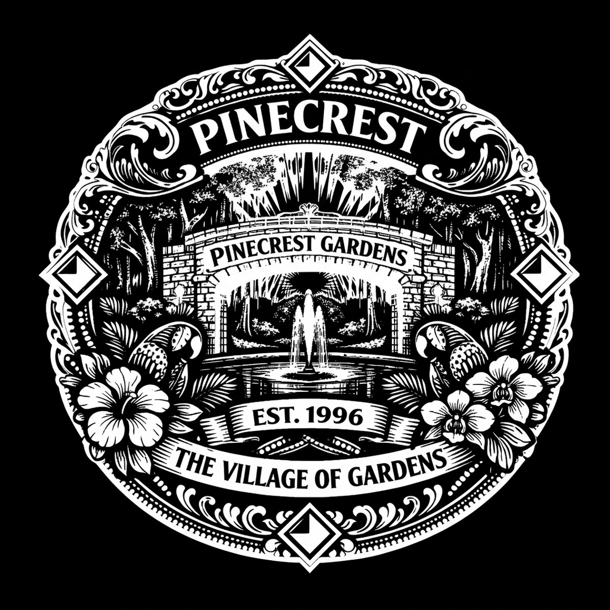 Black-and-white circular emblem showing a masonry arch labeled PINECREST GARDENS above a central reflecting pool with three fountain jets, mirrored parrots and floral clusters, and ornate decorative border with banners.