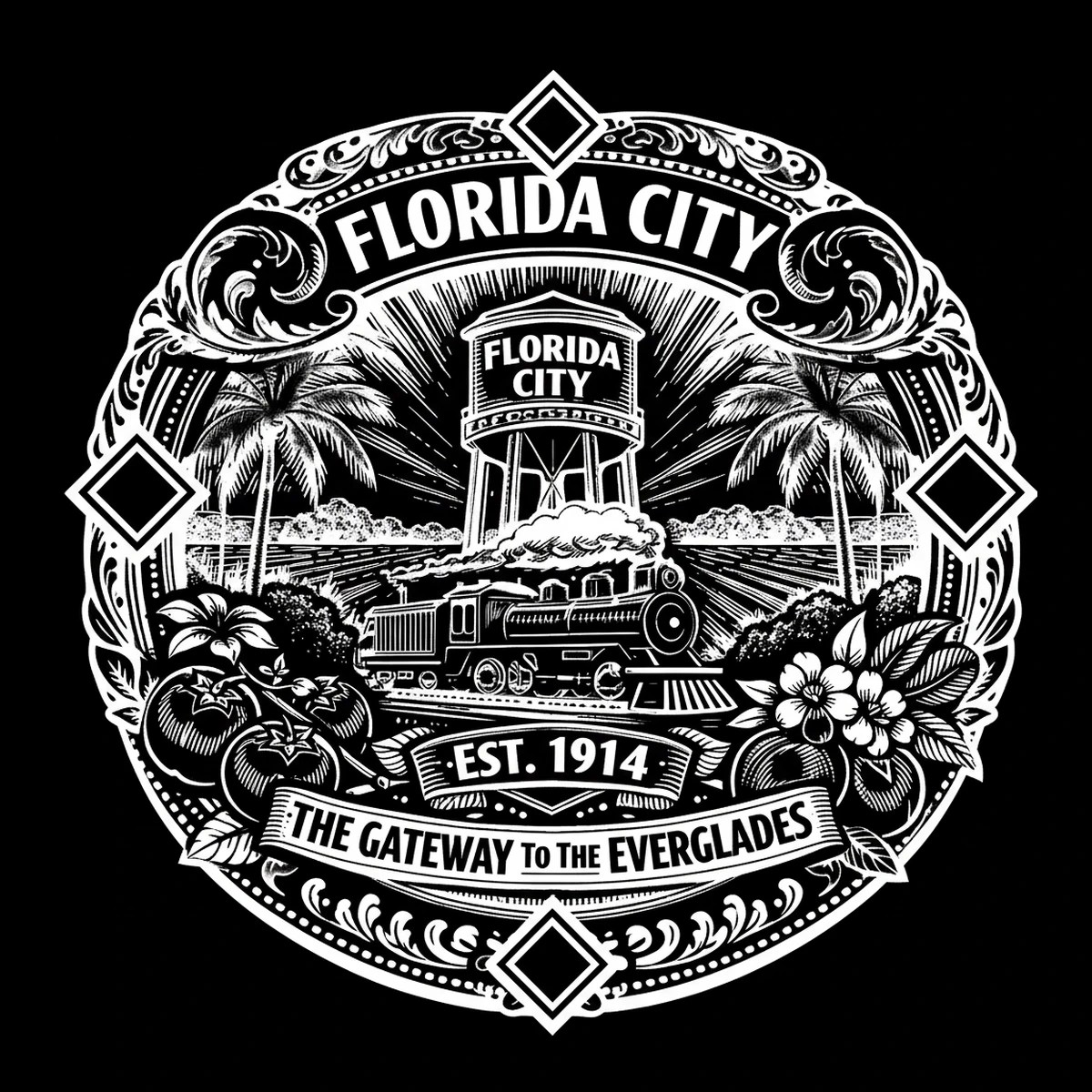 Circular black-and-white emblem showing a central water tower above a right-facing steam locomotive, sunburst rays behind, palm trees, field furrows, fruit and flower clusters at the bottom, and an ornate border with.
