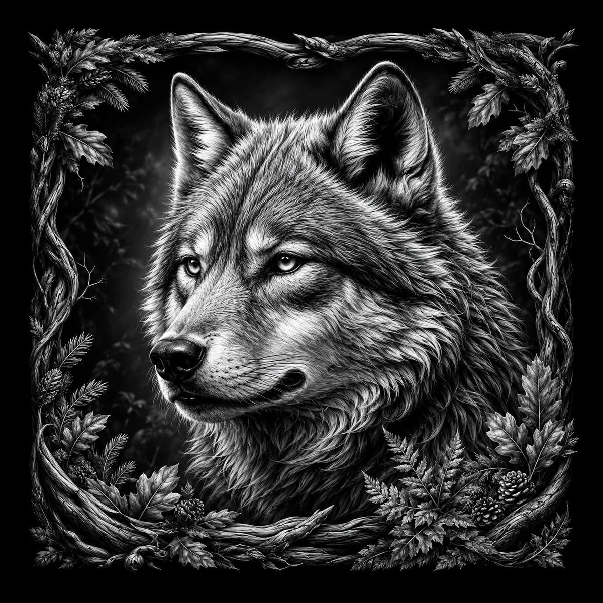 High-contrast black-and-white illustration of a wolf head in three-quarter view framed by a braided ring of vines, leaves, and pine cones on a dark, blurred foliage background.