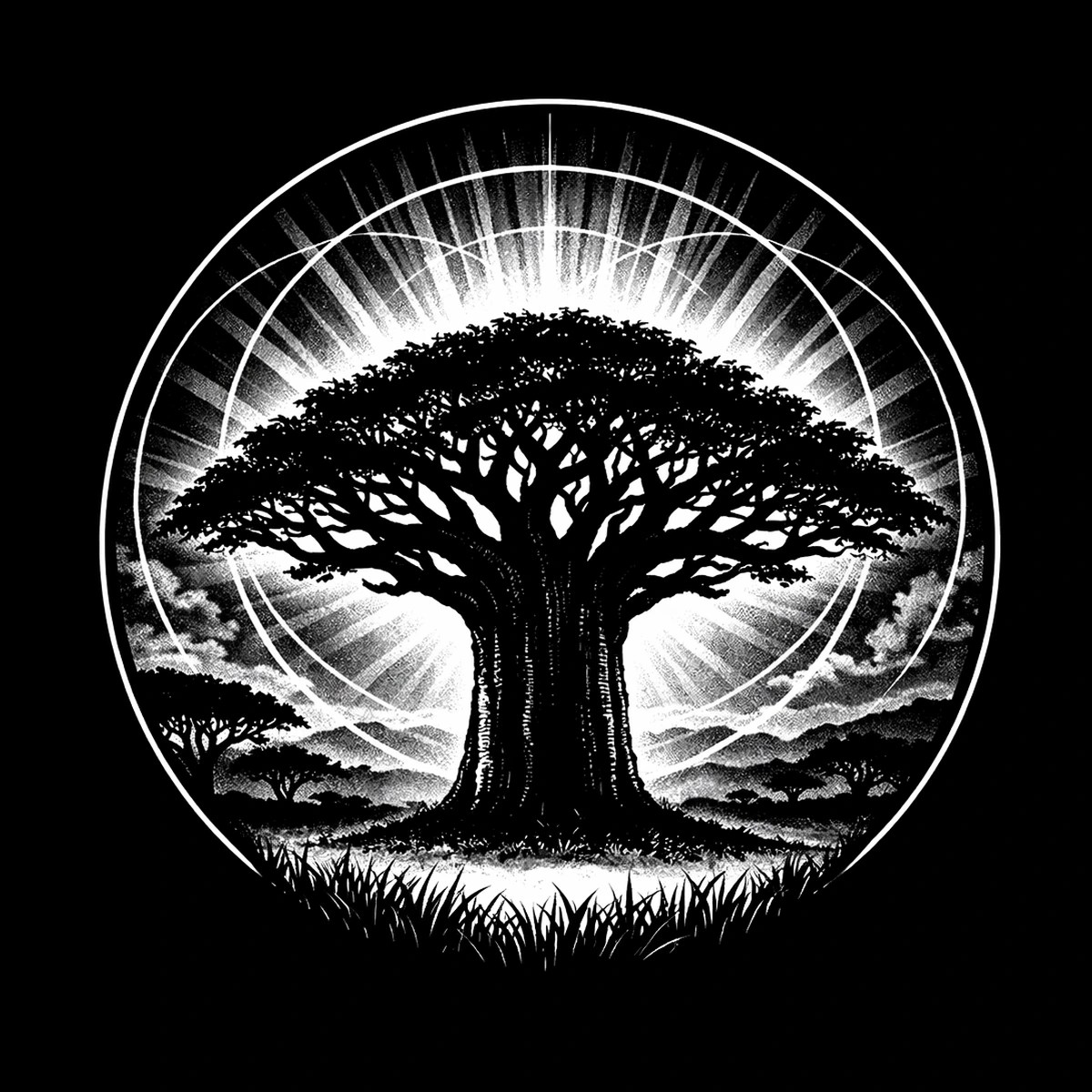 Black and white circular artwork showing a large silhouetted tree centered against a bright halo with radiating beams, foreground grass blades, and distant small tree silhouettes on rolling hills.