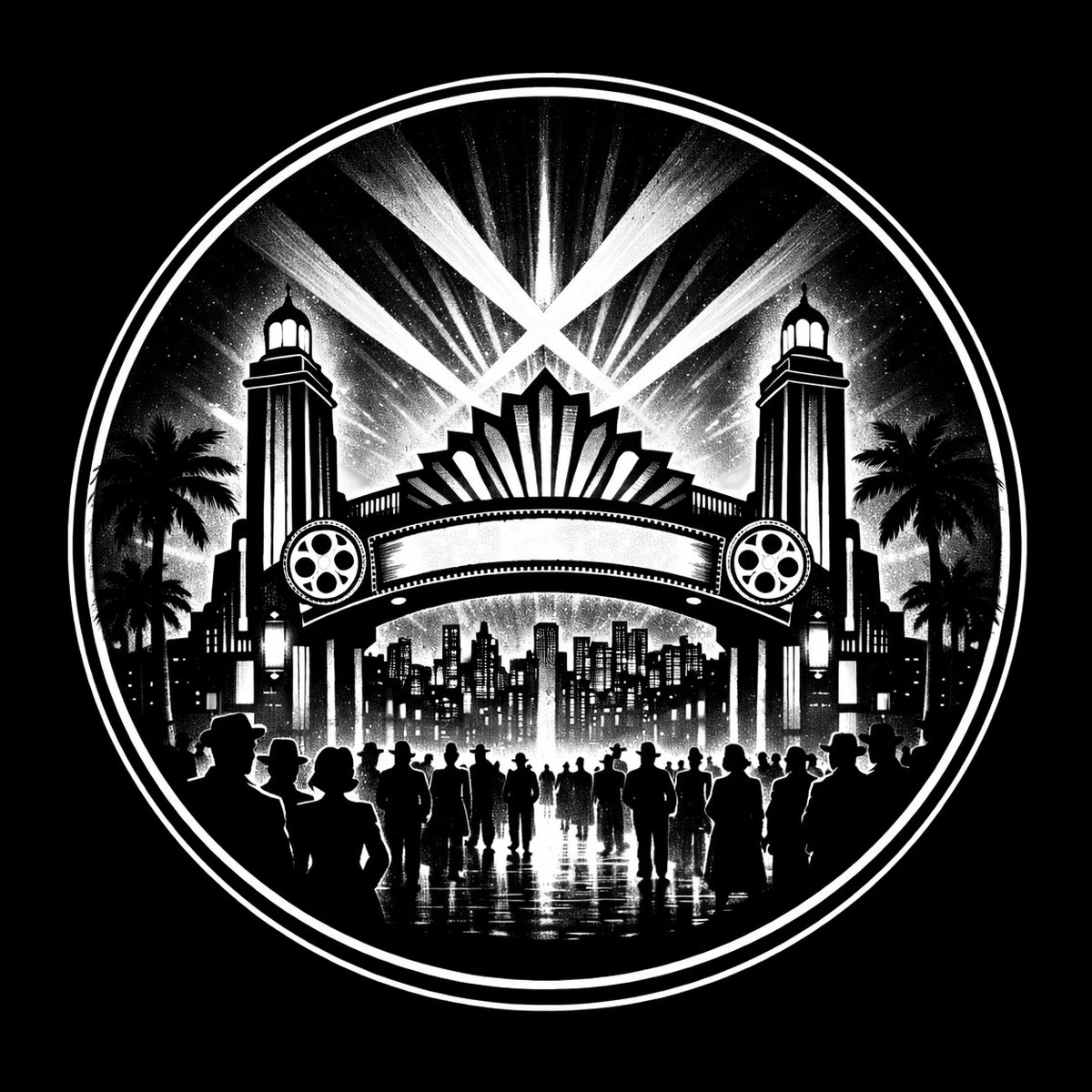 Circular monochrome illustration of an art-deco marquee and fan crest flanked by twin towers and palms; a silhouetted crowd stands on wet reflective pavement while searchlights cross in a stippled night sky.