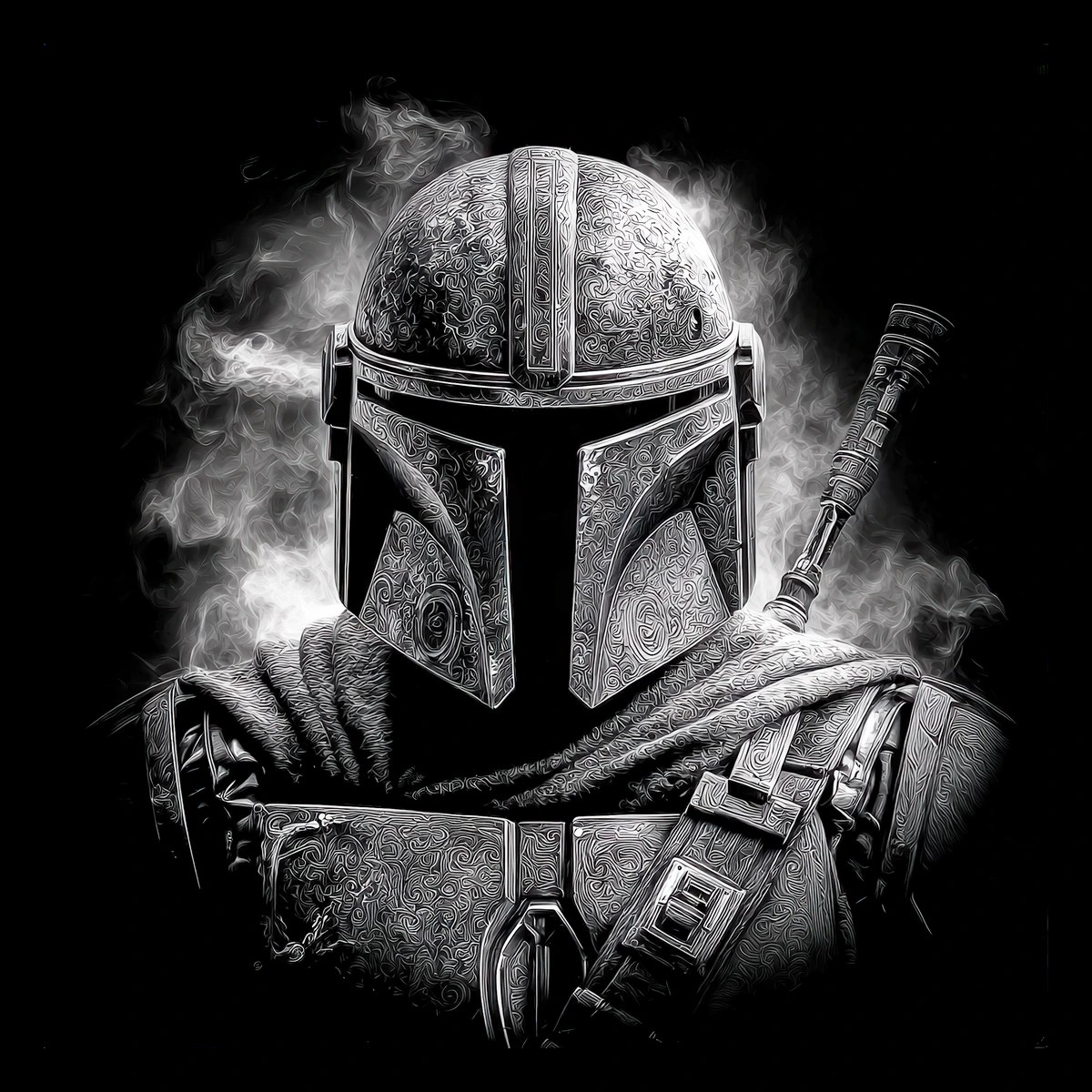 Frontal monochrome portrait of a single armored figure with a rounded helmet and T-shaped visor, engraved swirl patterns on the helmet and chest plate, a ribbed cloth around the neck, a diagonal strap with a square.