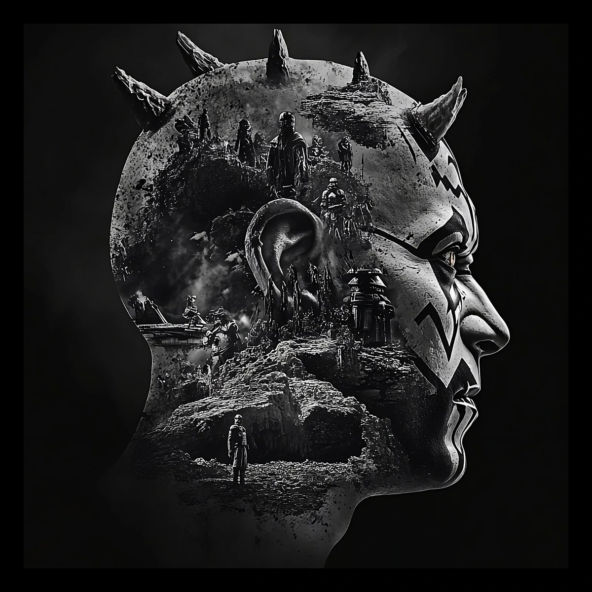 High-contrast monochrome right-profile human head silhouette with five jagged crown spikes; the head interior contains a layered rocky landscape with terraces, a recessed ear cave, a small turret and multiple.