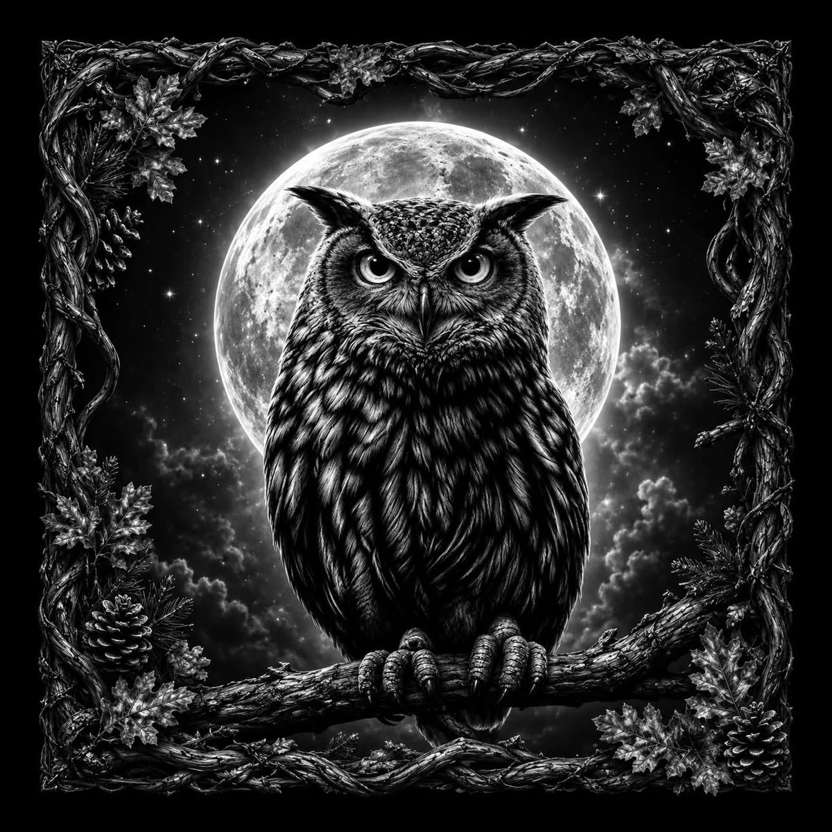 Monochrome image of a frontal birdlike figure perched on a horizontal branch with a full moon directly behind its head, framed by a braided vine and foliage border, with visible talons, layered feathers, clouds and.