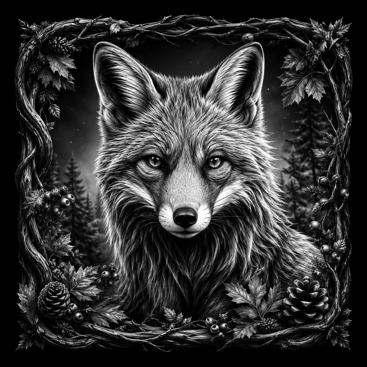 Monochrome frontal portrait of a red fox head and upper chest centered inside a braided vine wreath with two pine cones, lobed leaves and clustered berries, haloed against a dark background with distant conifer.