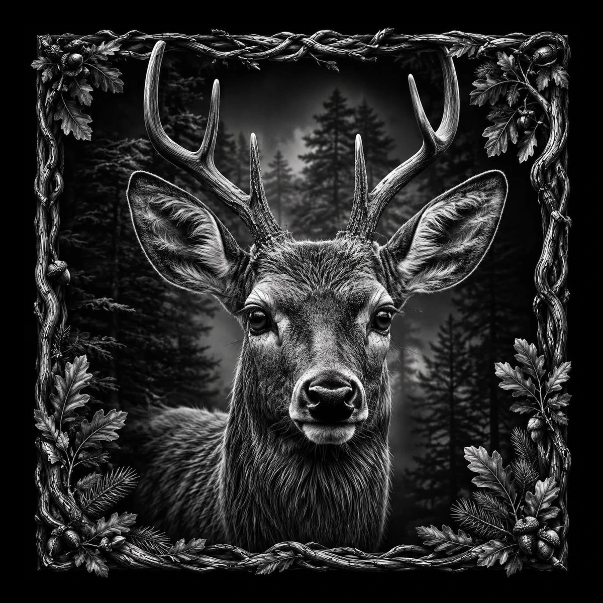 Monochrome portrait of a stag head and upper chest centered within an ornate rectangular vine-and-leaf frame, with antlers arching upward and a misty conifer forest behind.
