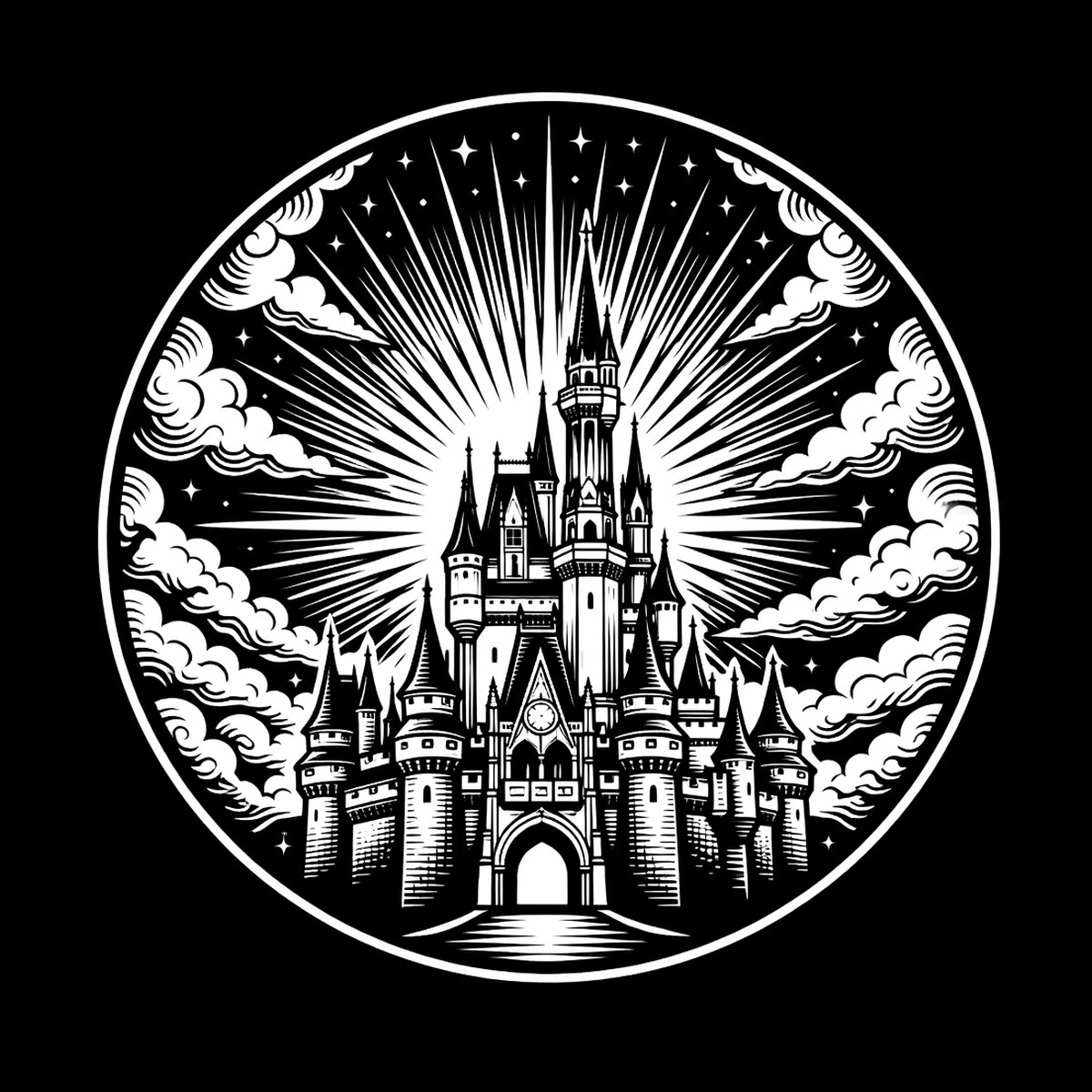 Monochrome circular illustration of a multi-towered castle with a central arched gateway, radiating halo of light behind it, layered cloud bands and small stars, rendered in bold hatching and outlines.