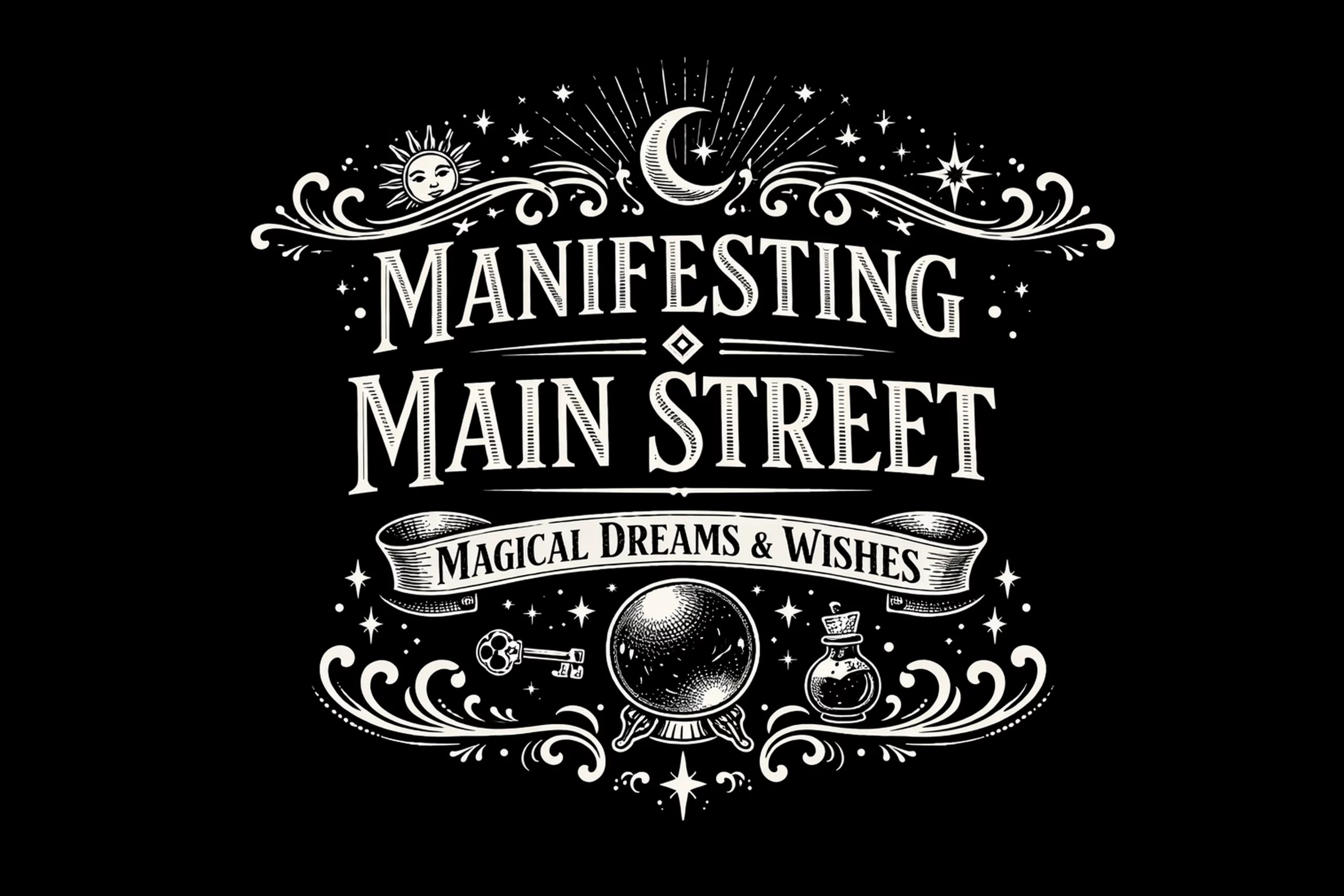 White-on-black design reading MANIFESTING MAIN STREET with a MAGICAL DREAMS & WISHES ribbon, crescent moon, sun, stars, crystal ball, key, potion bottle, and scrollwork.