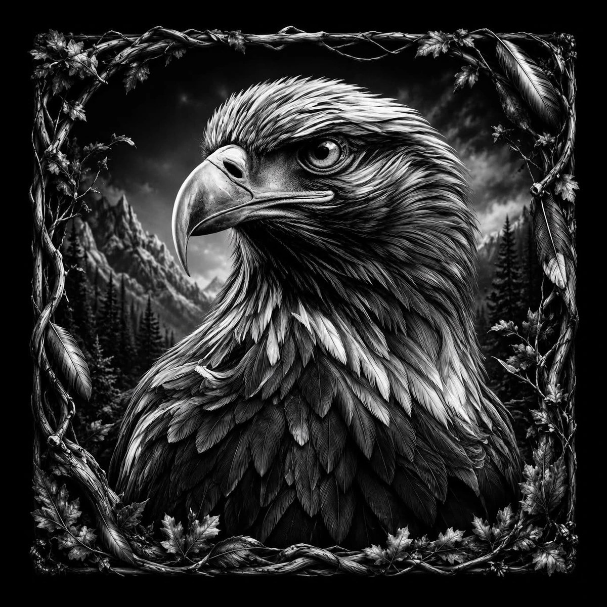 Black-and-white portrait of a three-quarter left-facing eagle head and upper chest with detailed feathers, framed by decorative vines and leaves, with mountains and conifer trees in the background and a dramatic cloudy.