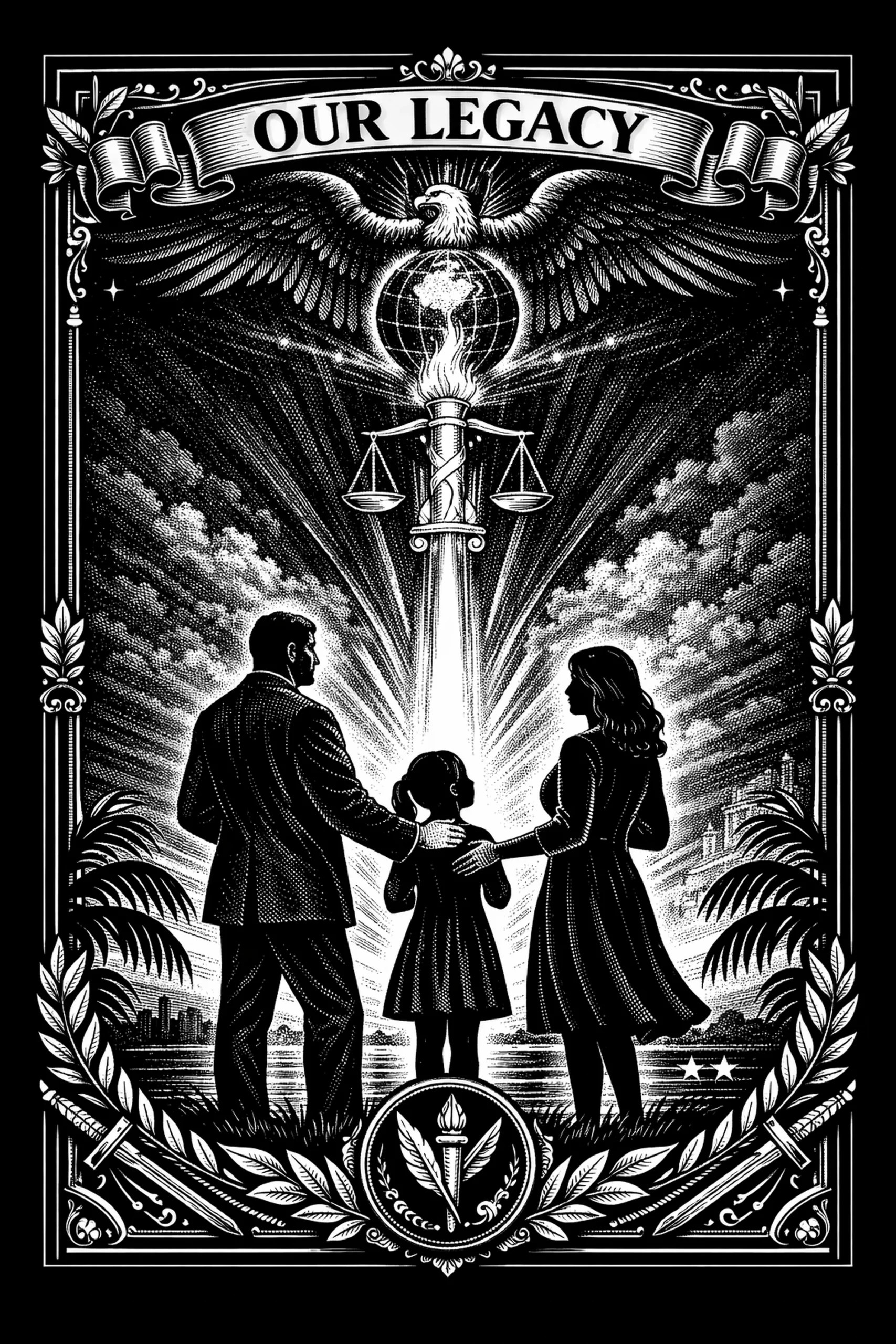 Vertical engraved scene of a silhouetted man, woman, and child on a shoreline beneath a central torch column crowned by a globe and large bird with outstretched wings; balanced scales hang from the shaft and a banner.