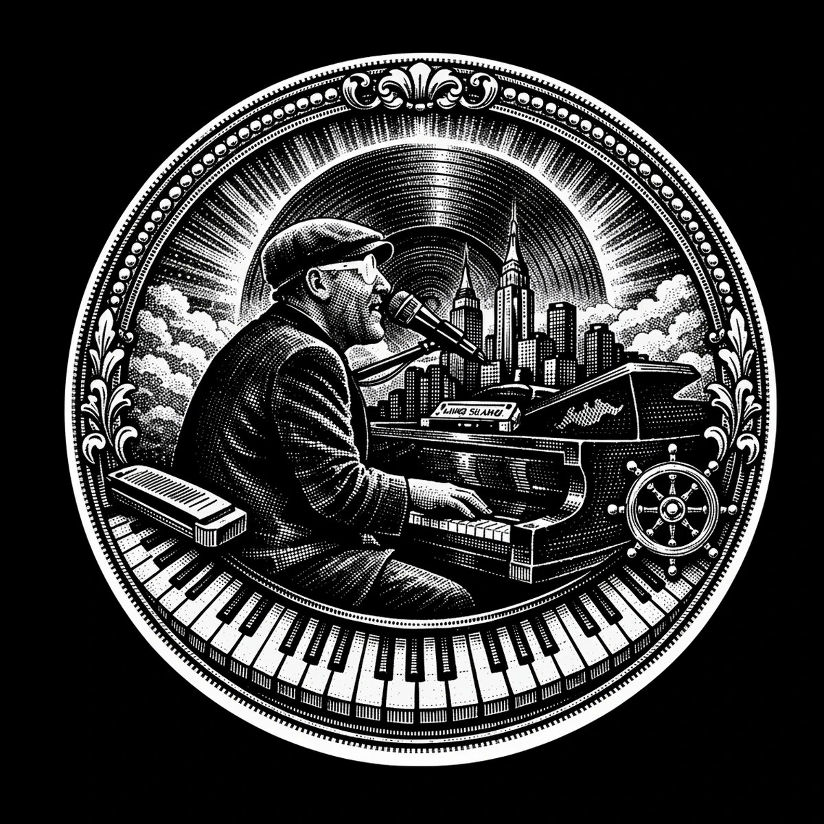 High-contrast engraved circular scene showing a seated male pianist at a grand piano, singing into a vintage microphone; a large vinyl record with radiating sunburst sits behind a city skyline, and a curved keyboard.