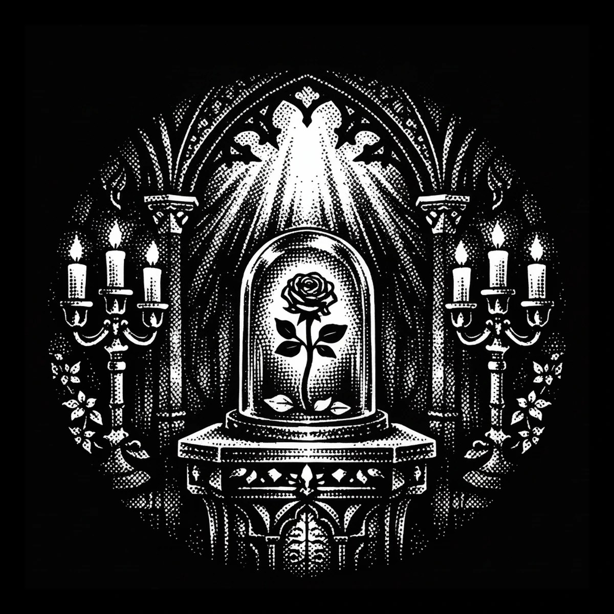 Monochrome circular vignette showing a single rose under a glass dome on an ornate carved pedestal beneath a pointed Gothic arch; twin three-armed candelabras and small foliage clusters flank the altar, with radiating.