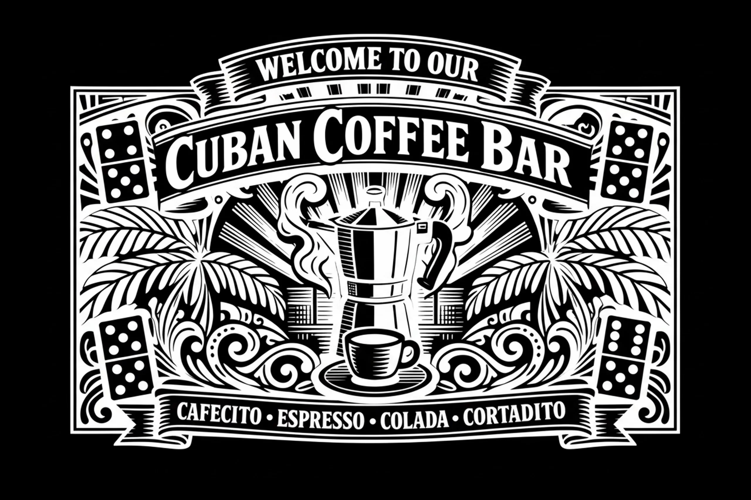 Framed white-on-black Cuban Coffee Bar sign with moka pot, cup and saucer, palms, four dominoes, ornamental swirls, and a lower drink ribbon.