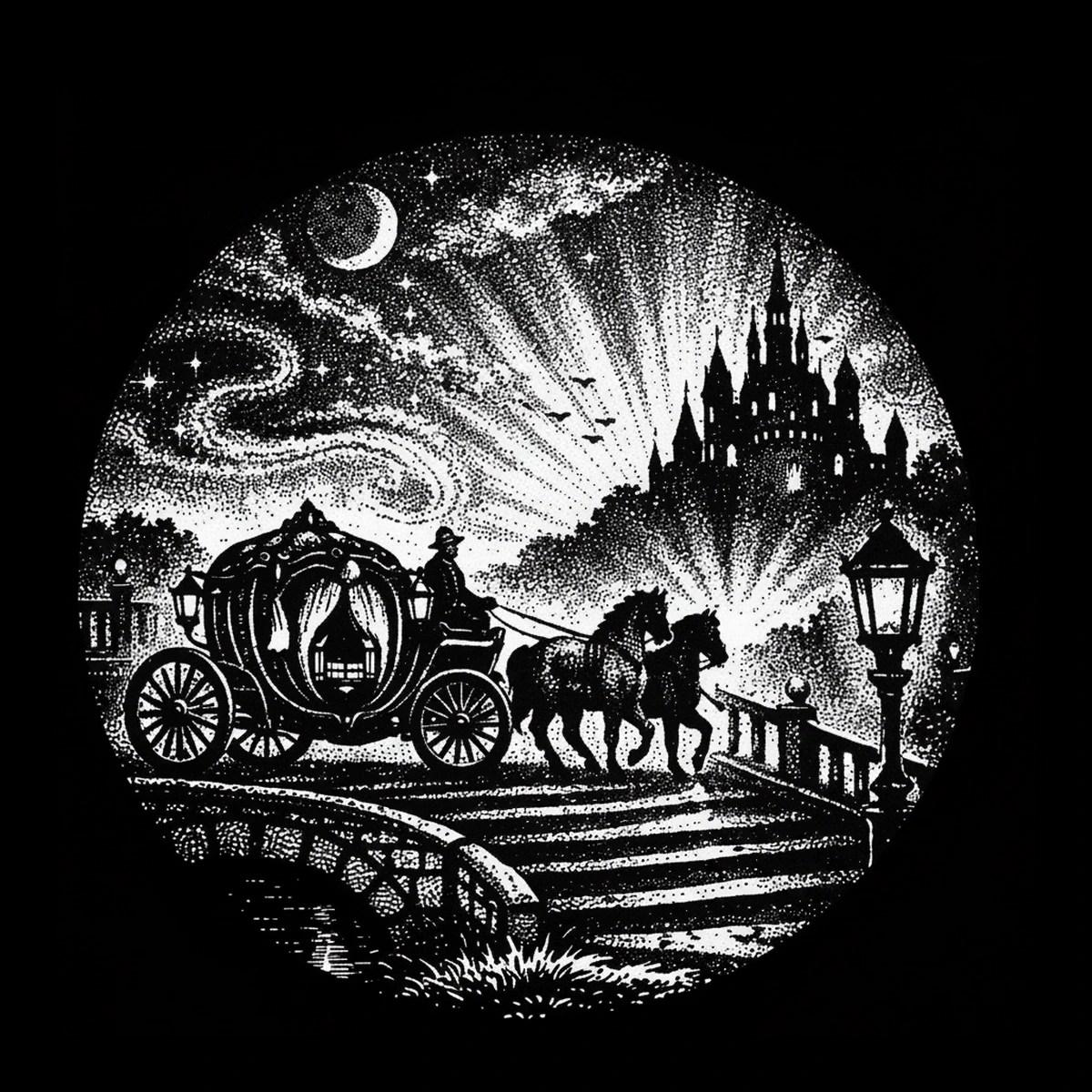 Circular black-and-white illustration showing a two-horse carriage and coachman crossing a stepped stone bridge with an ornate lamp post; a backlit silhouette of a multi-turreted castle sits on a hill to the right, a.