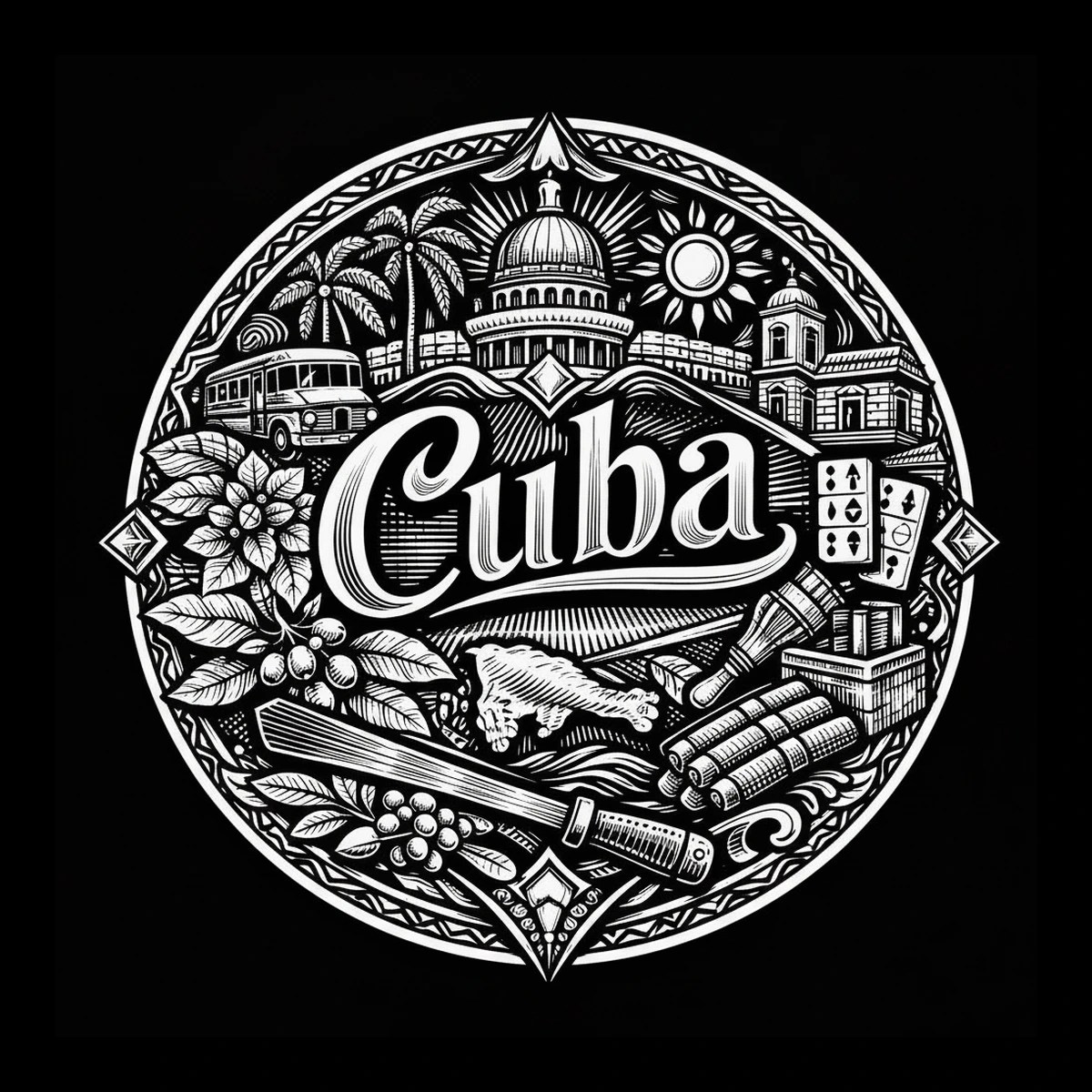 Circular black-and-white medallion showing the word 'Cuba' centered above a domed building with palms and a sun; lower cluster includes a diagonal machete, coffee branch and berries, a large flower, a small animal.