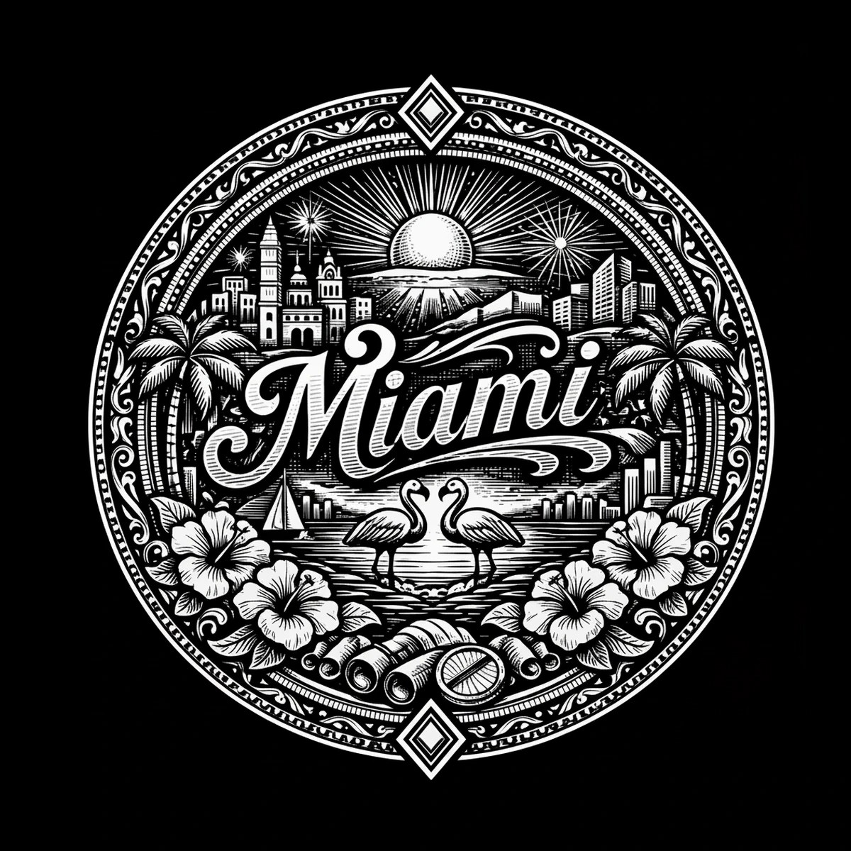 Circular black field containing a white emblem: large script reading "Miami" centered over a skyline and sun; two flamingos stand in water beneath, flanked by palm fronds, hibiscus clusters, shells and an ornate border.