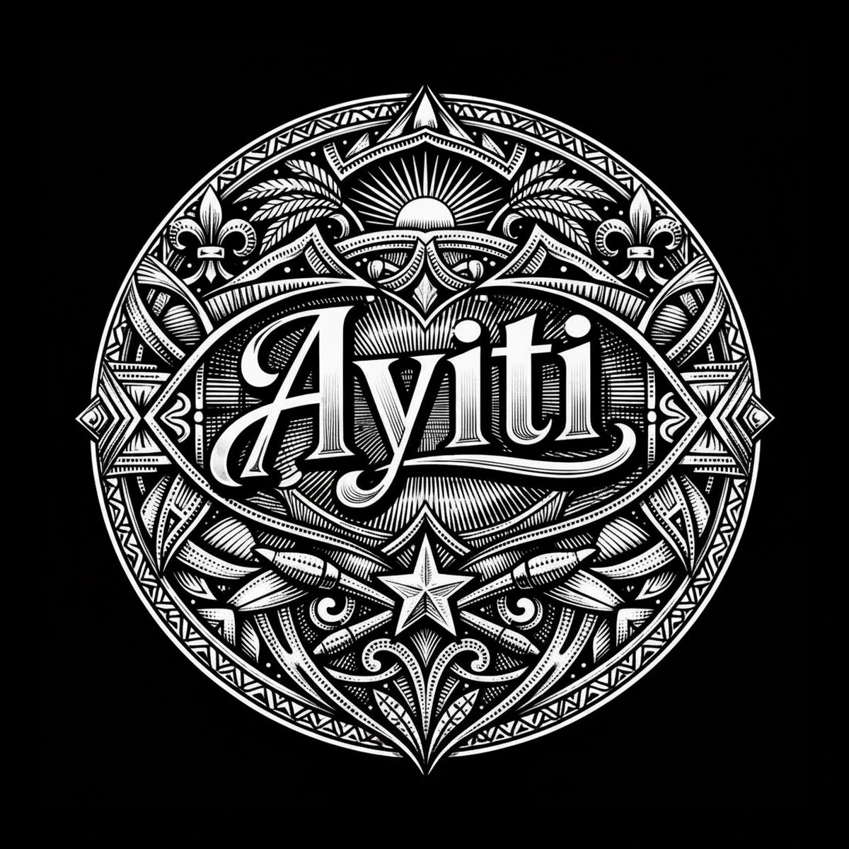 Circular white linework medallion on black background with the word 'Ayiti' centered in an oval cartouche, sun rays above, a star below, and symmetrical floral and geometric ornament.