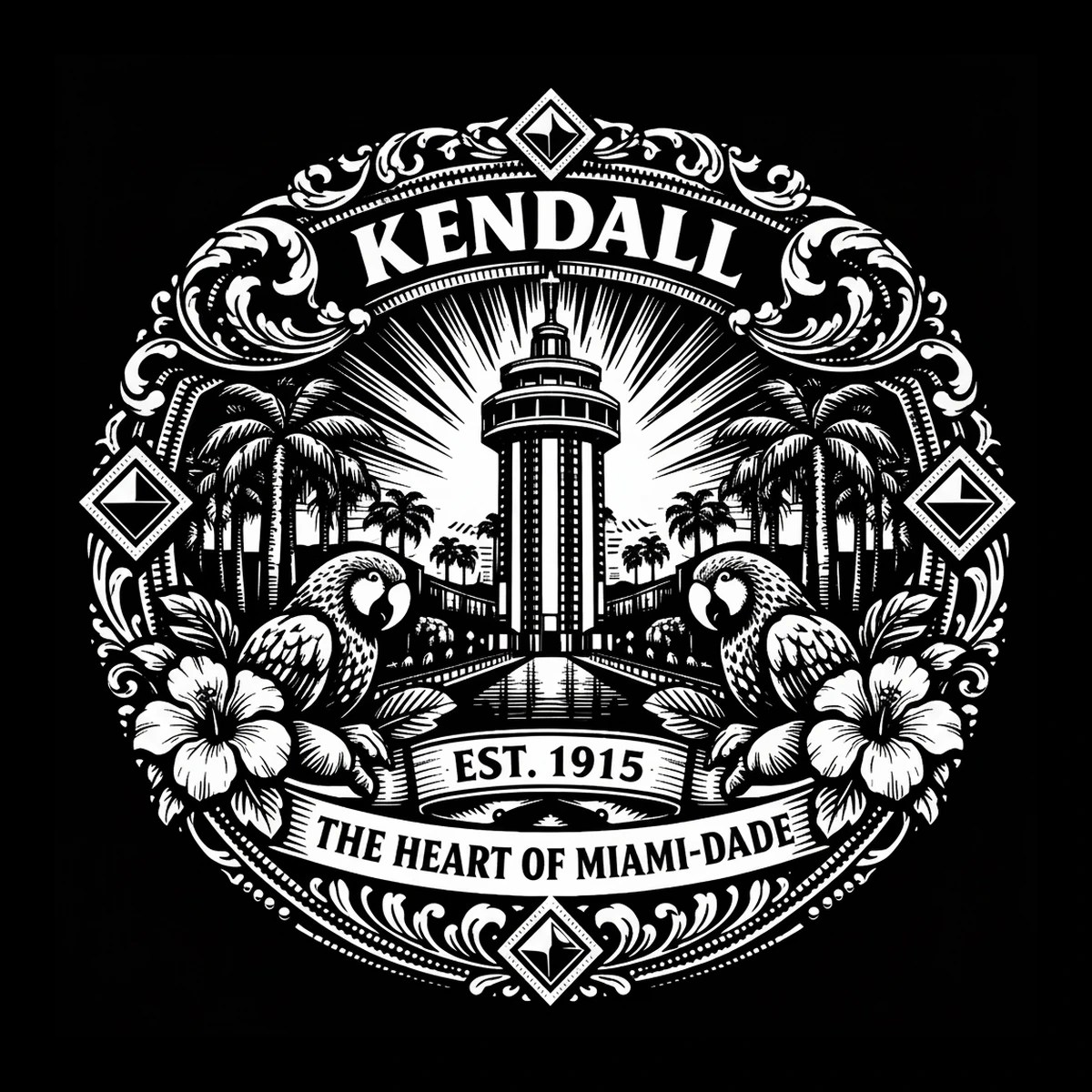 Circular black-and-white emblem with a central tiered tower and radial sunburst, mirrored parrots and hibiscus at the lower register, palm tree clusters, ornate filigree border, and text reading 'KENDALL', 'EST. 1915'.