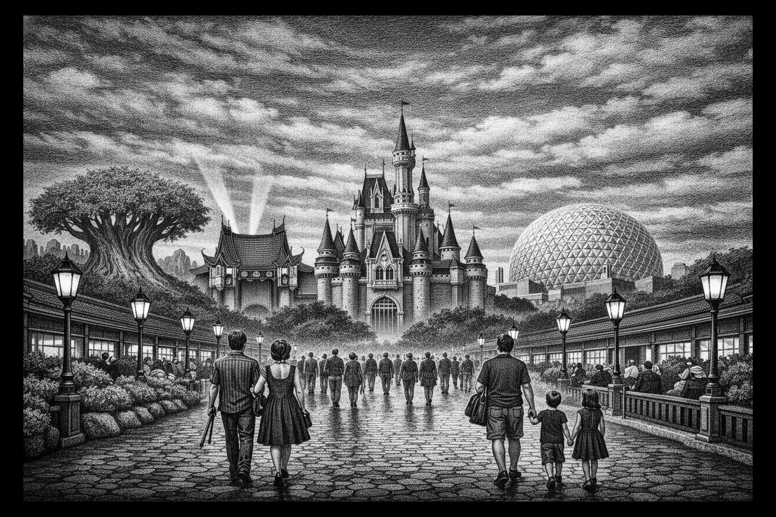 Black-and-white theme park scene with families and guests walking a lamp-lined cobblestone promenade toward a central castle, large tree at left, and geodesic dome at right.
