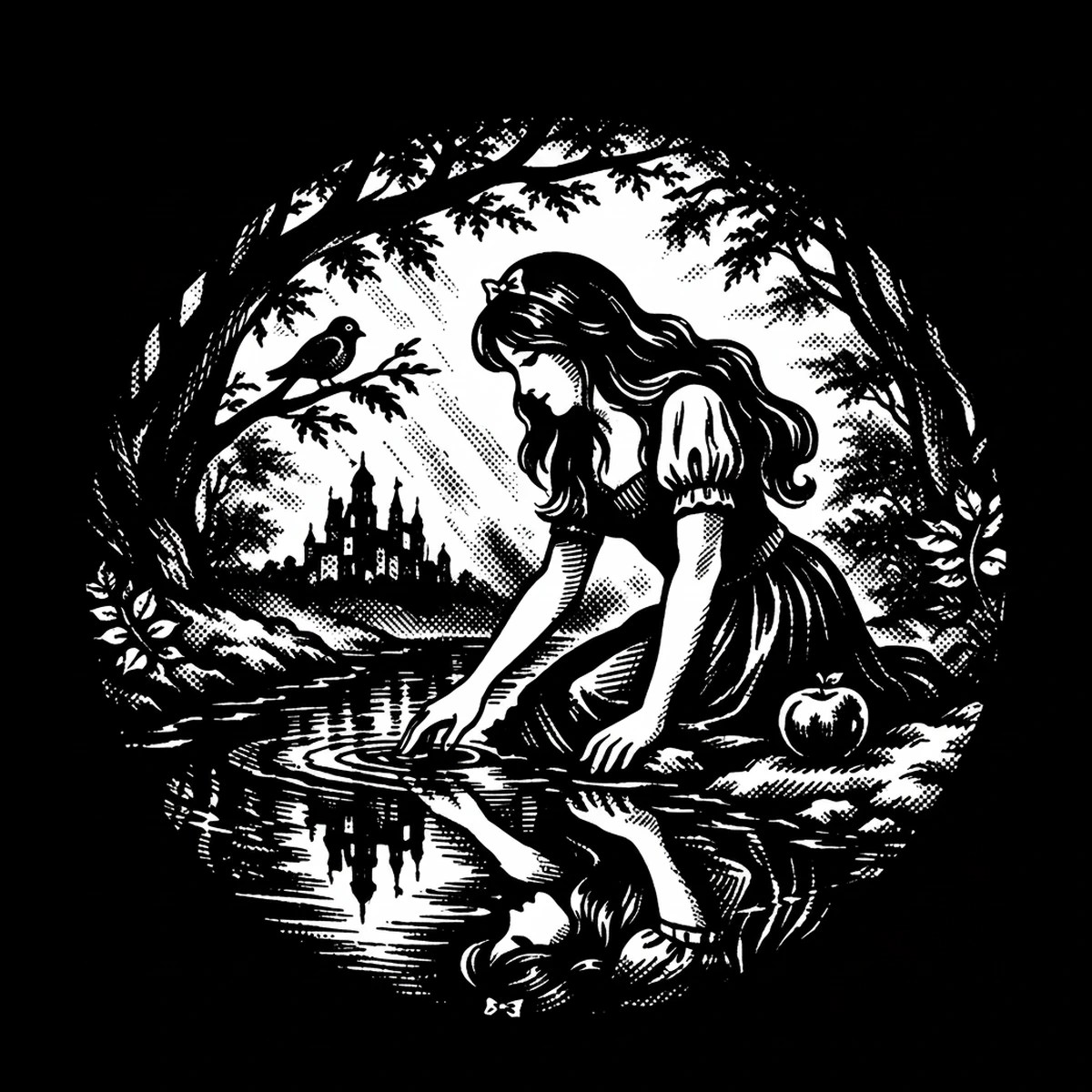 Circular high-contrast black-and-white illustration of a young woman kneeling at a pond, finger touching the water creating ripples; her inverted reflection appears in the water, a castle silhouette stands on the far.