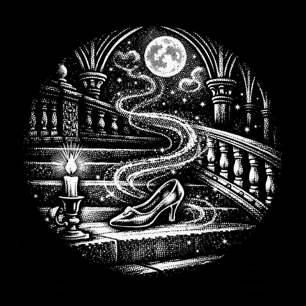 Monochrome stippled scene inside a circular vignette showing a single high-heeled shoe on stone stairs, a lit candle with starburst to the left, a curving balustrade rising to the right, a serpentine trail of sparkles.