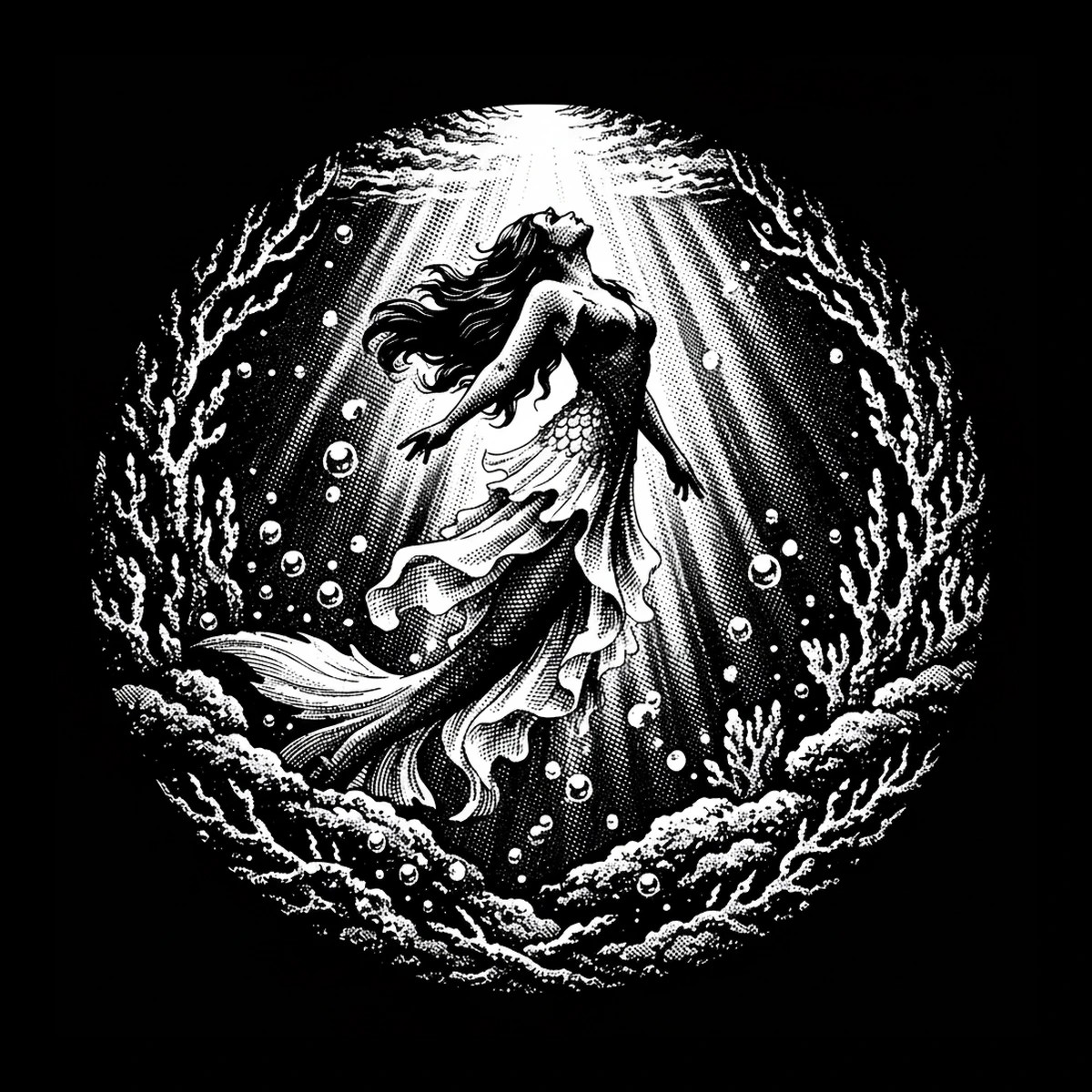 Monochrome circular illustration of a mermaid rising toward a bright top-center light, framed by curling coral and surrounded by many bubbles.