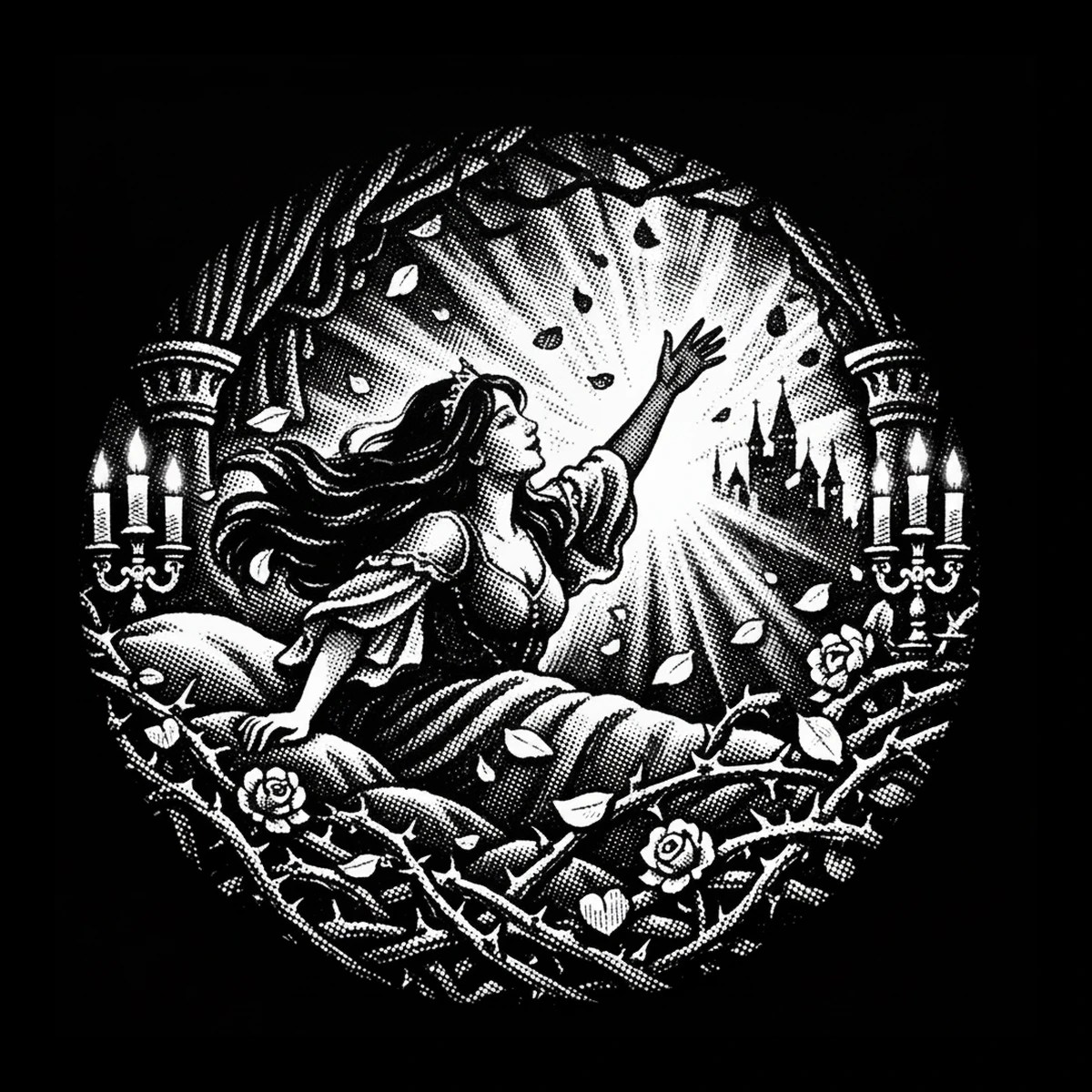 Circular high-contrast illustration of a reclining woman in a voluminous gown reaching toward a bright radial burst; thorny vine wreath with three roses occupies the lower arc, twin three-candle candelabra flank the.