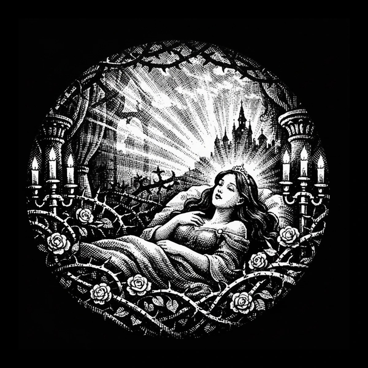 Monochrome engraved round vignette of a reclining crowned woman in an off-the-shoulder gown, surrounded by braided thorn vines and roses, flanked by columns and candelabra, with a radiant halo and a distant castle.